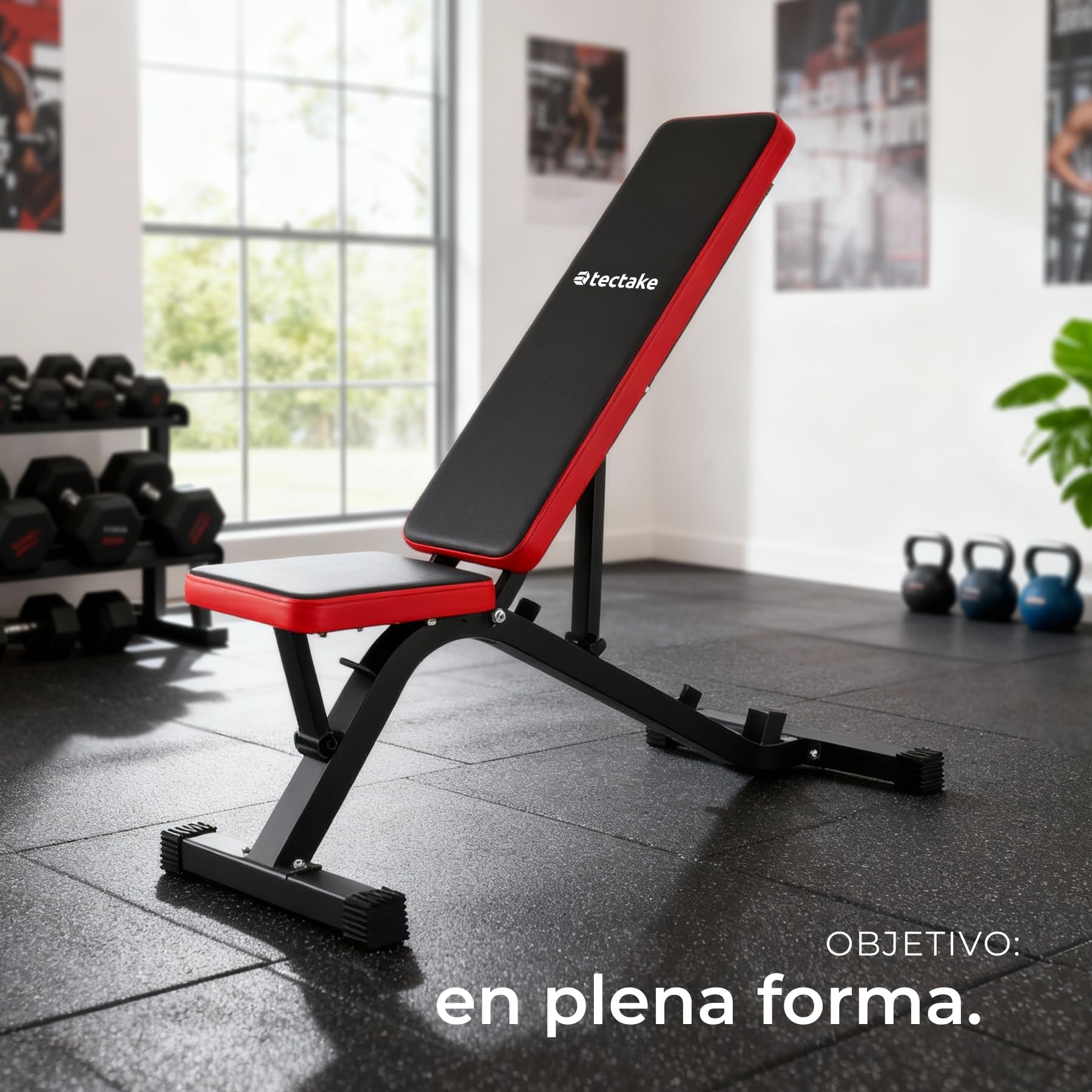 tectake® Banco Musculación Plegable Acolchado Cuero Sintético Resistente con Respaldo Ajustable, Banco de Pesas, Gimnasio en Casa, Gym en Casa, Ejercicio, Fitness, Rack Musculación - Negro/Rojo