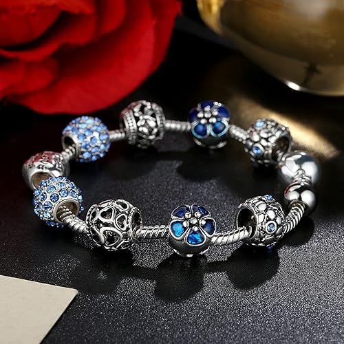 Vista 2 de YOUFENG Pulsera de cuentas de amor para mujer, cadena de serpiente, unicornio, dijes de flores, regalos de cumpleaños para ella