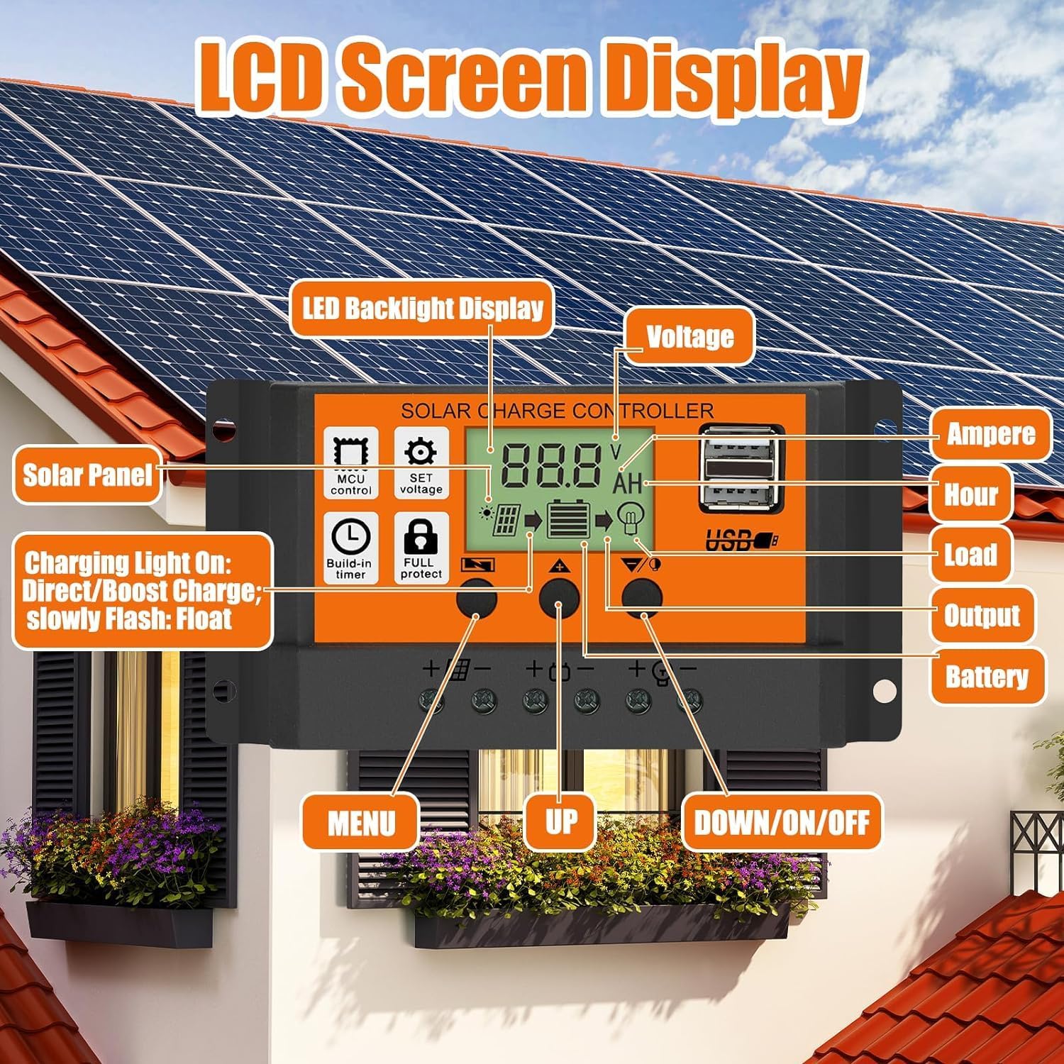 kh 30A Solar Charge Contoller 12V/ 24V Solar Panel Charge Controller Intelligent Regulator with Dual USB Port Auto Parameter LCD Display - Timer Setting ON/Off Hours (30 A) - Image 7 thumbnail