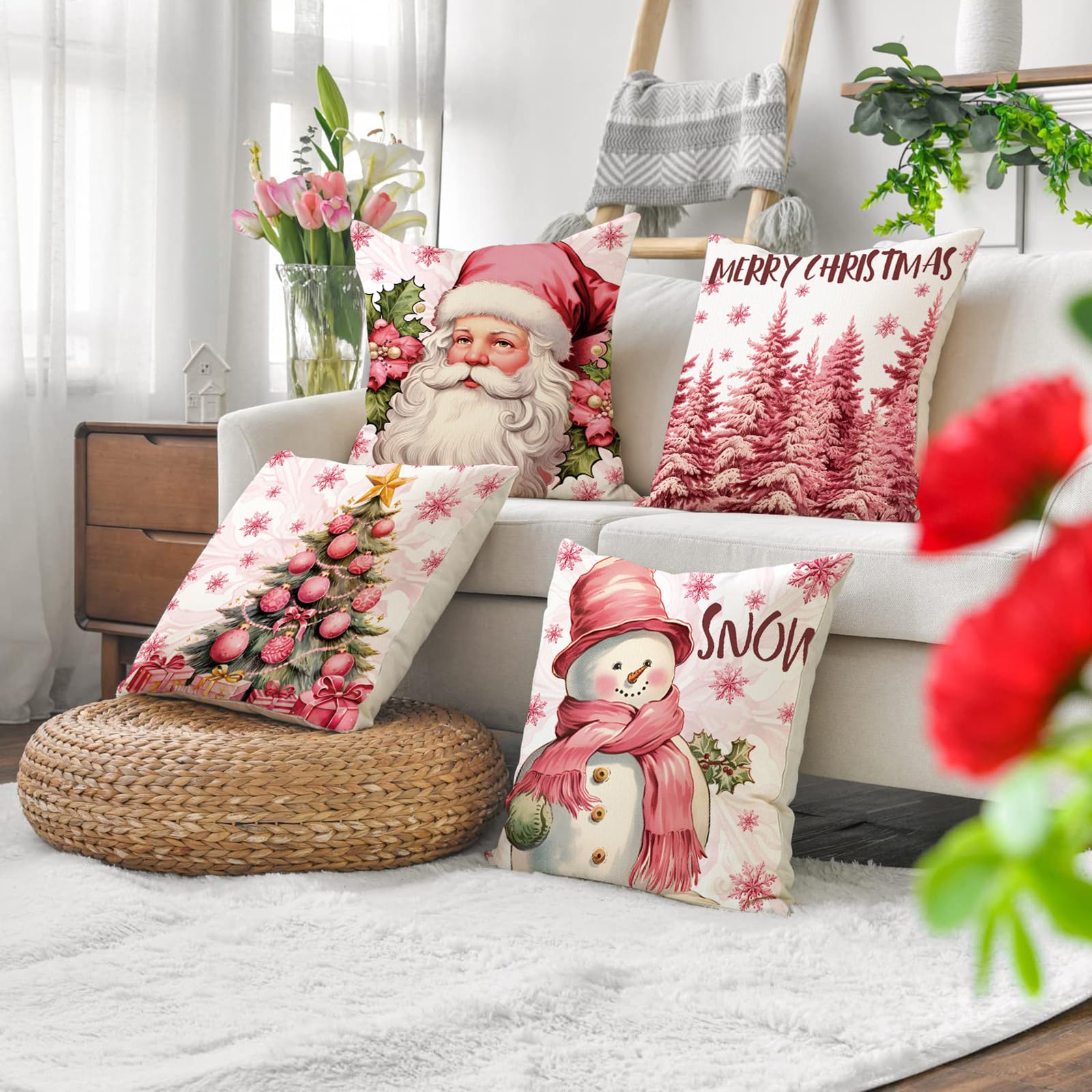ESSECMBS 4Pcs Christmas Throw Pillow Covers 18 * 18inch Pink Cartoon Christmas Couch Pillow Cases Sofa Pillow Protectors Winter Holiday Home Decorations (4PCS B - Image 2