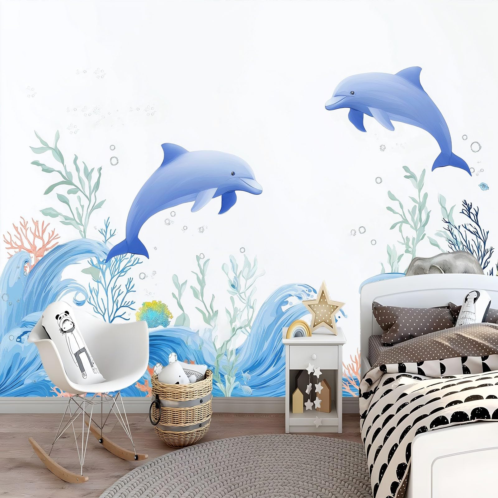 Générique Panoramiczna tapeta kreskówka natura zwierzęta delfin fale koralowe białe 350 x 256 cm - nowoczesny gobelin ścienny z włókniny do salonu, sypialni lub pokoju dziecięcego