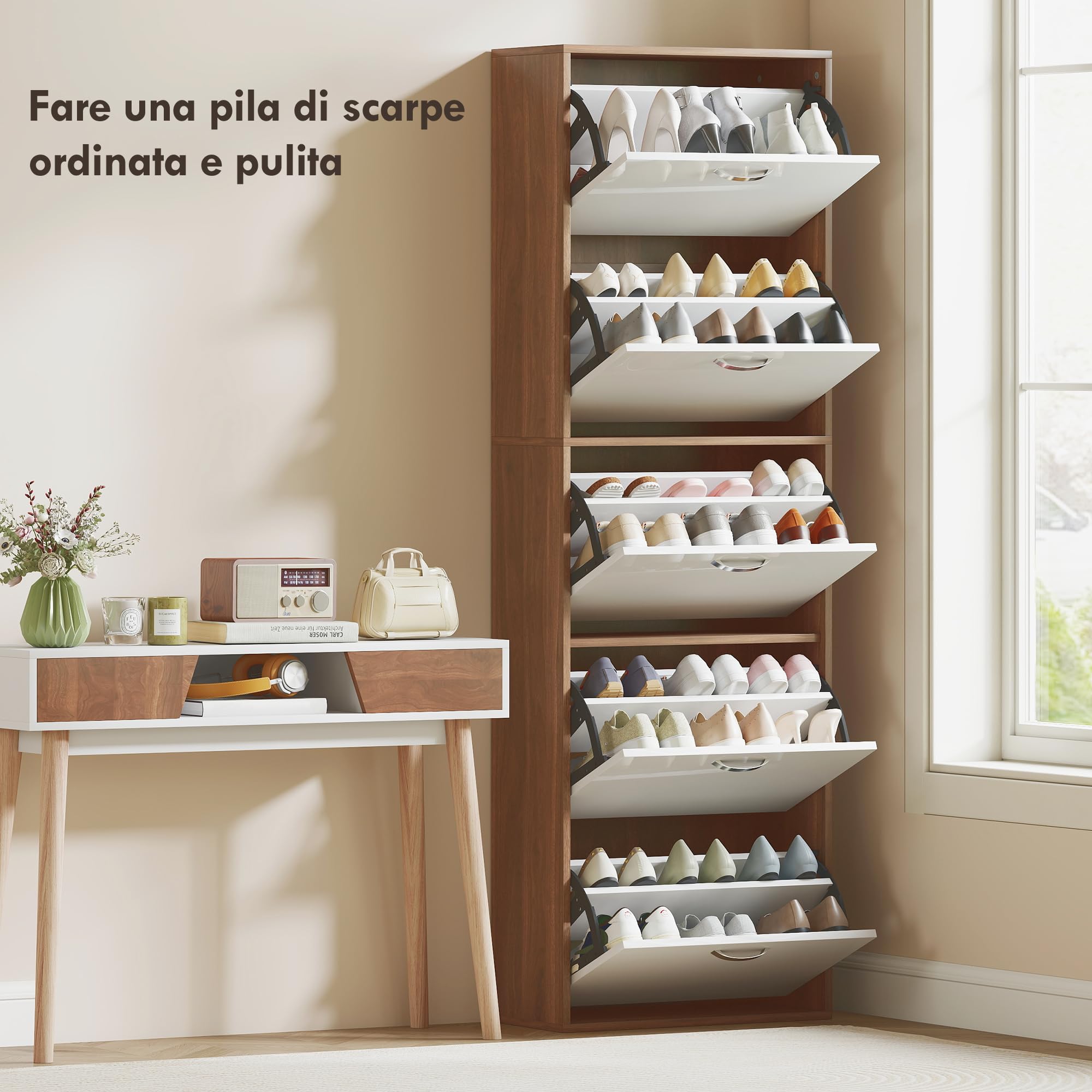 HOMCOM Scarpiera Slim Salvaspazio a 5 Livelli per 30 Paia max con 2 Ripiani per Livello, Mobile Portascarpe in MDF, 60x28x189 cm, Bianco e Marrone