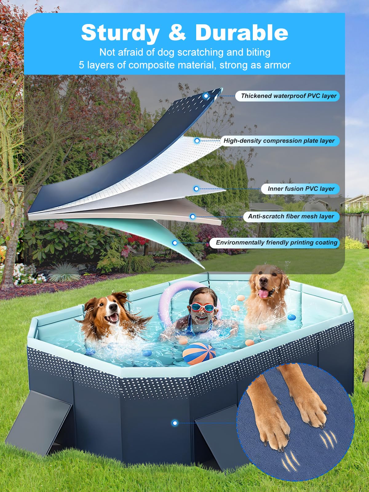 Piscine Pliable, Piscines pour Animaux Pliantes Piscine Pliable pour Enfants Piscine de Bain Sans Gonflage pour la Maison Extérieur 1,6 m / 5,25 Pi