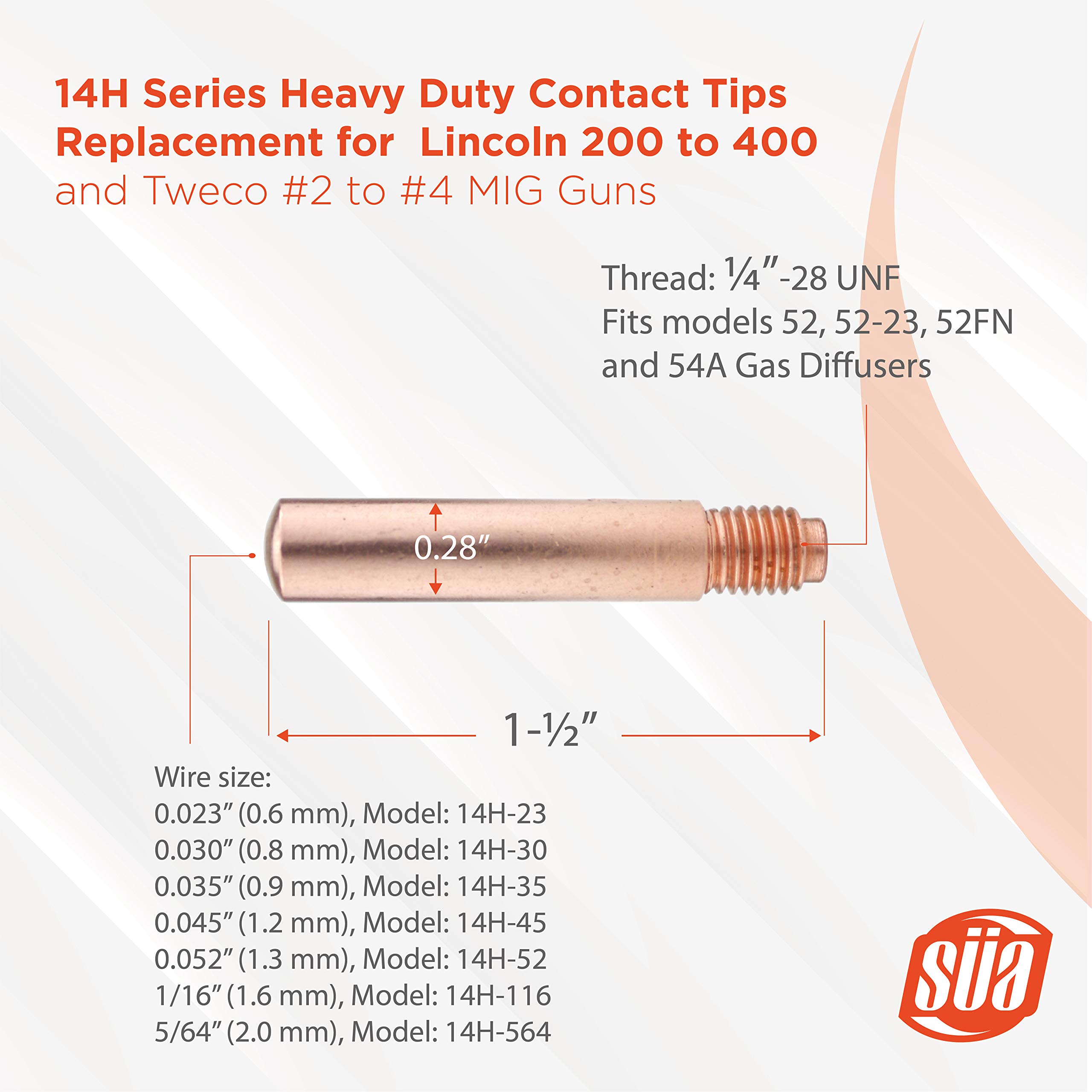 SÜA - Heavy-Duty Contact Tips - Compatible with Lincoln/Magnum 200 to 400 and Tweco #2 to #4 Guns - Size: 0.035'' (0.9 mm) - Model: 14H-35 - (10 PACK)