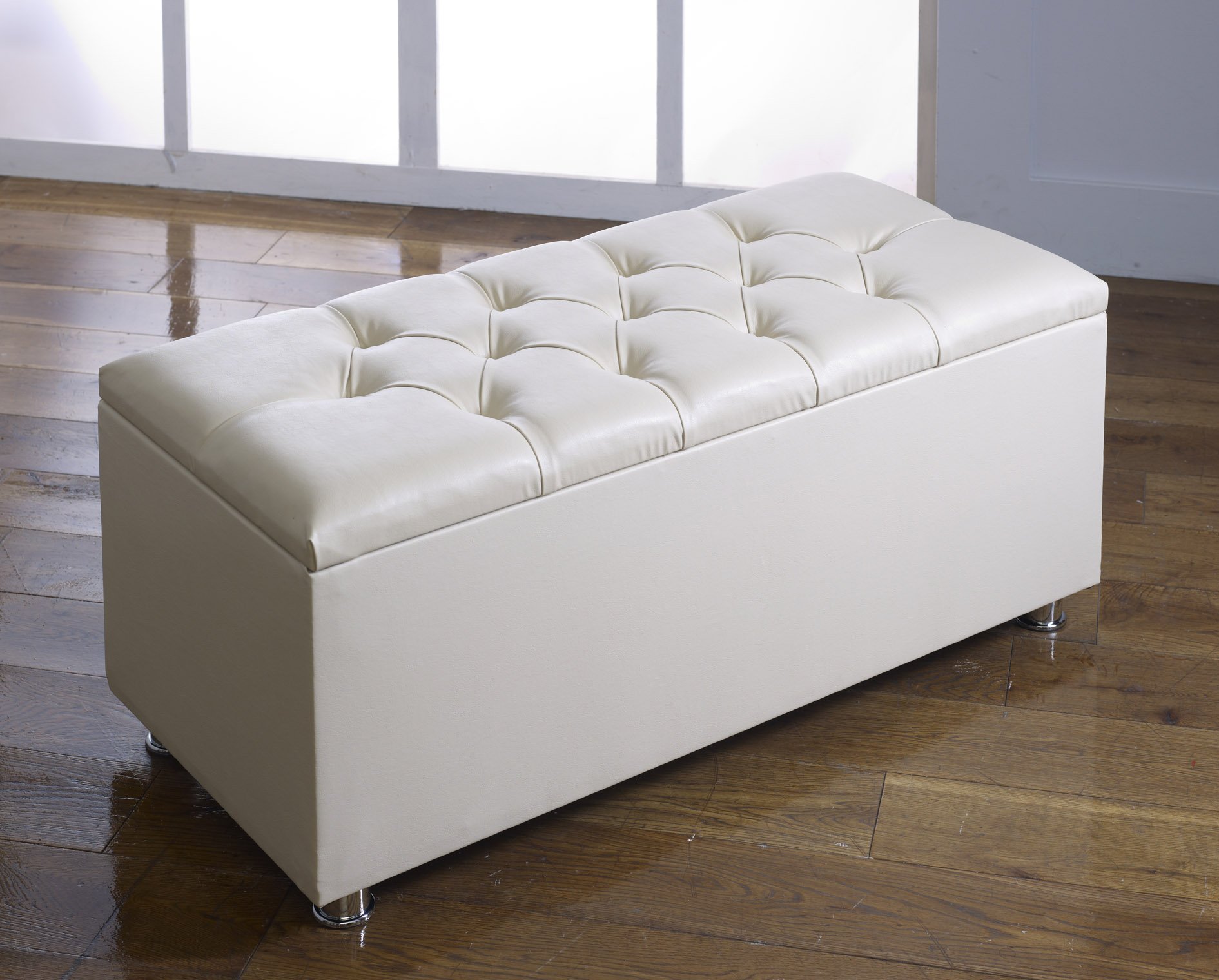 CROWN FAUX LEATHER DIAMANTE OTTOMAN TOY STORAGE BLANKET BOX (CREAM)
