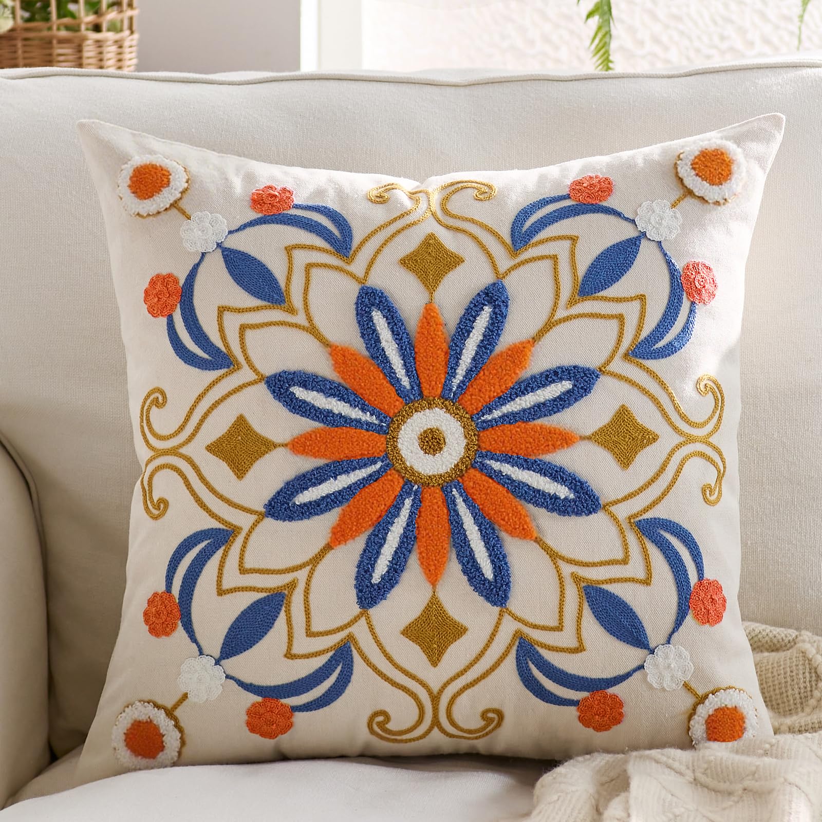 Kuderiy Embroidered Throw Pillow Cover 22x22 Classic Boho Floral Pattern Pillows Cover Outdoor Decorative Pillowcase Durable Cozy Textured