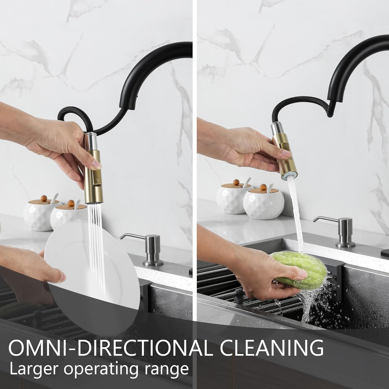 Black and Gold Stainless Steel Pull Down Kitchen Faucet with Sprayer