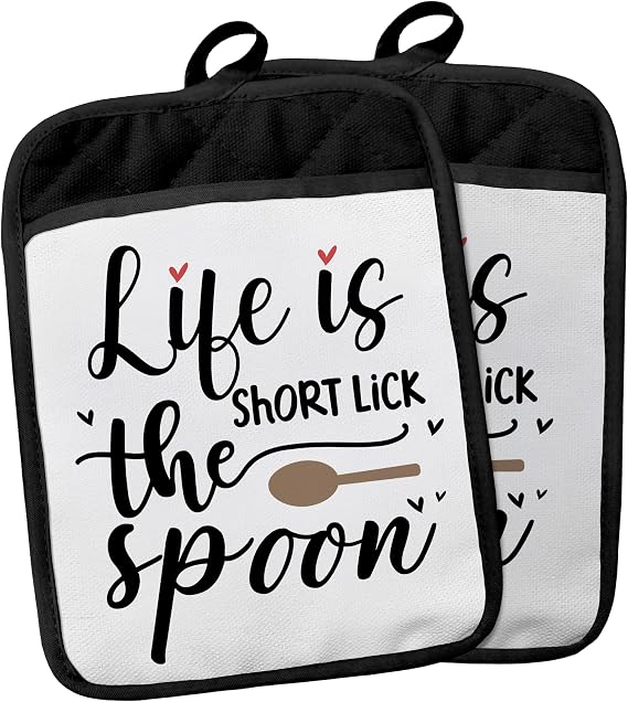 Funny Pot Holders with Pockets, Life is Short Lick The Spoon Funny Kitchen Gifts Pot Holders Heat Resistant Oven Mitts Hot Pads for Kitchen Baking Cooking,Potholders for Kitchens