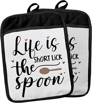 Funny Pot Holders with Pockets, Life is Short Lick The Spoon Funny Kitchen Gifts Pot Holders Heat Resistant Oven Mitts Hot Pads for Kitchen Baking Cooking,Potholders for Kitchens