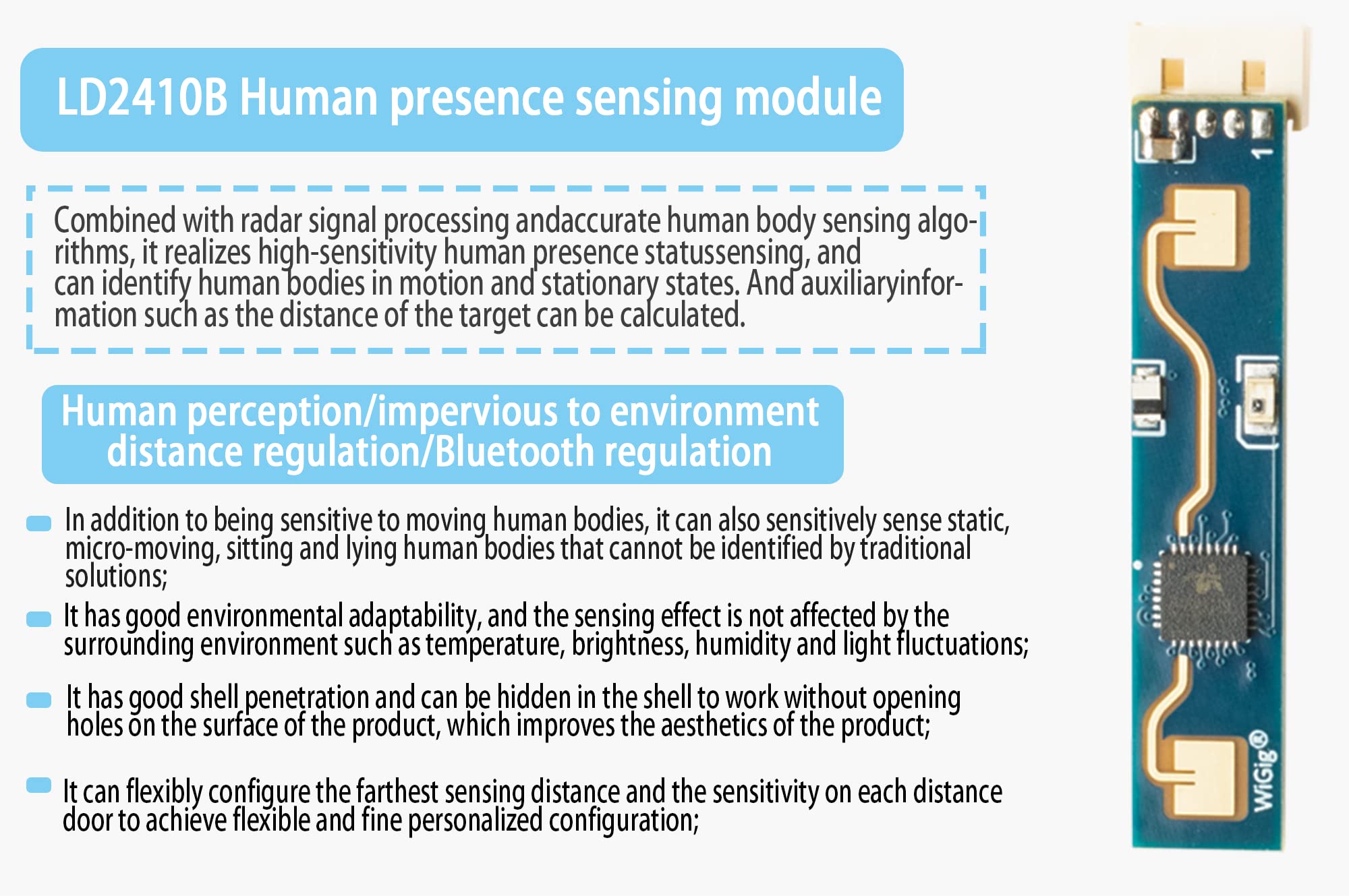 Microwave Radar Sensor Module LD2410, Human Presence Motion Sensing Module, 24GHz ISM Band,Non-Contact Monitoring Detector, Support GPIO and UART Output, Plug and Play