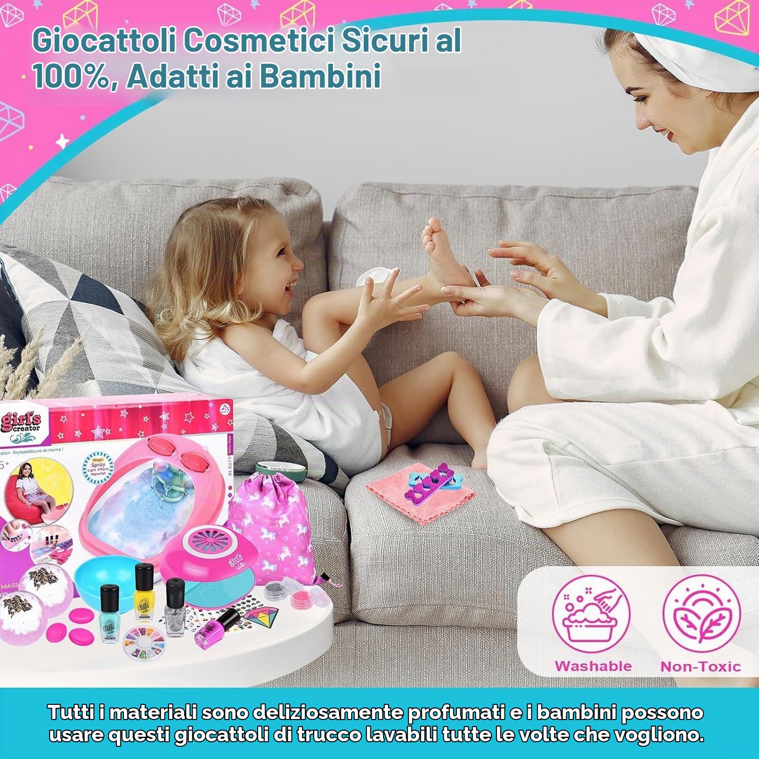 JONRRYIN Nail Studio per Bambini e Ragazze, Set Nail Studio Bambini & Spa per i Piedi, Pediluvio con Idromassaggio, Regali per Ragazze Set Smalto per Unghie, Nail Art Bambini 6 7 8 9, DIY Valigetta