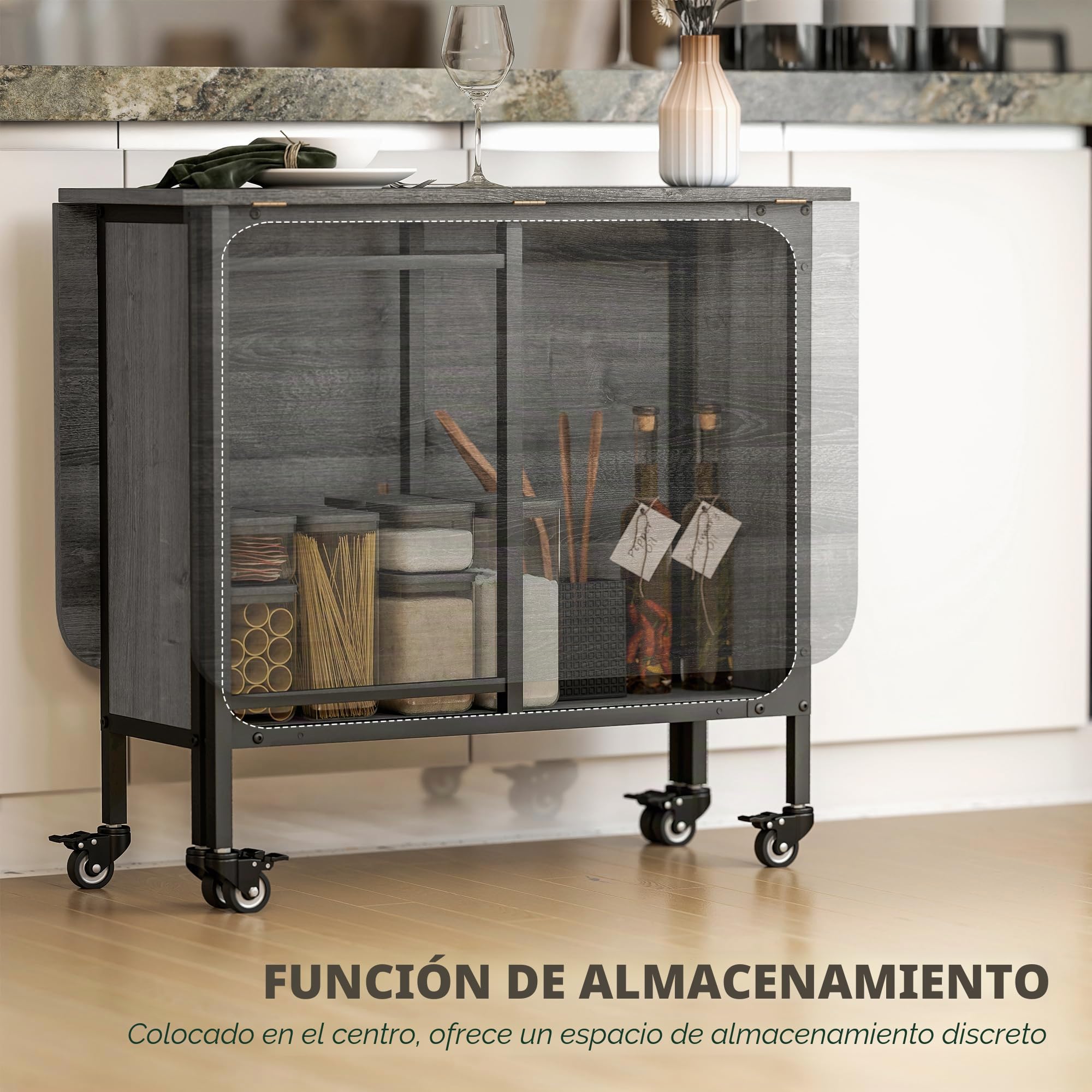 HOMCOM Mesa de Comedor Plegable, Mesa de Cocina Rectangular Plegable, Mesa Extensible con Ruedas para hasta 6 Personas, 6 Ruedas y Estante Integrado, para Espacios pequeños, Comedor, Gris | Mesa de cocina extensible con diseño plegable, estante de almacen