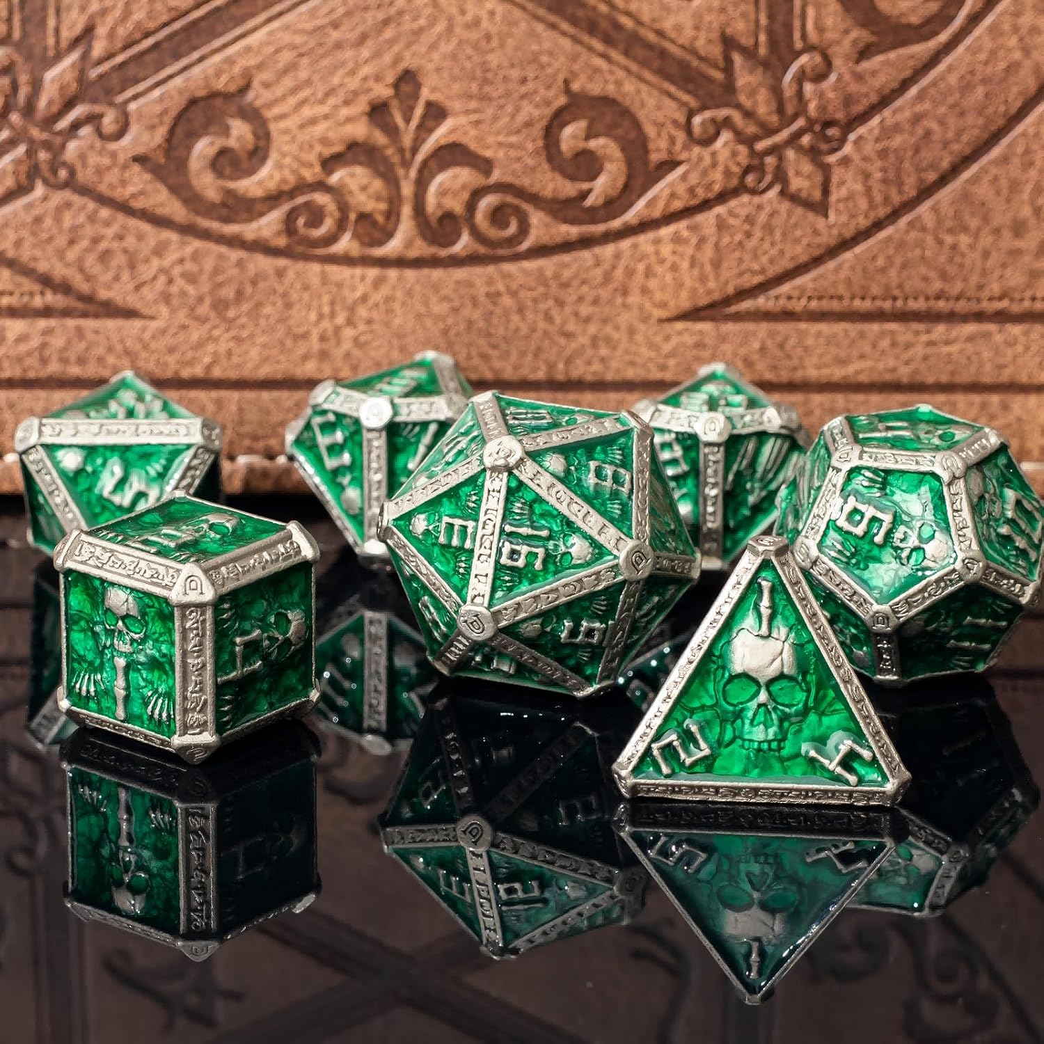 Metal DND Dice Set with A Gift Box, Gothic Skull Theme, Rune Edge Designed, for DM and D&D Player, Heavy Metal Dice Set Perfect for Dungeons and Dragons, MTG, RPG Games (Green-Ranger)
