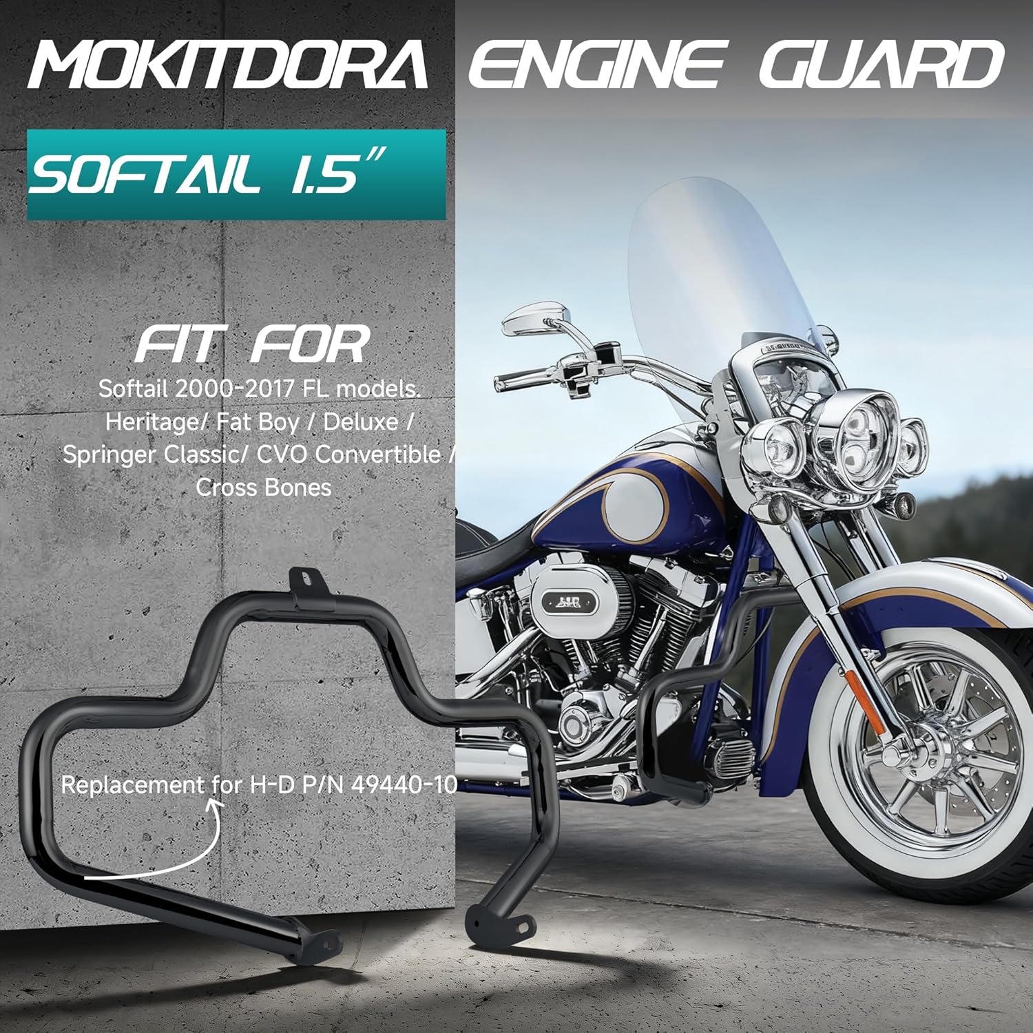 MoKitDora 1.5" Softail Engine Guard Mustache Highway Crash Bar for 2000-2017 Harley FL Heritage Classic Deluxe Fat Boy Models, Gloss Black