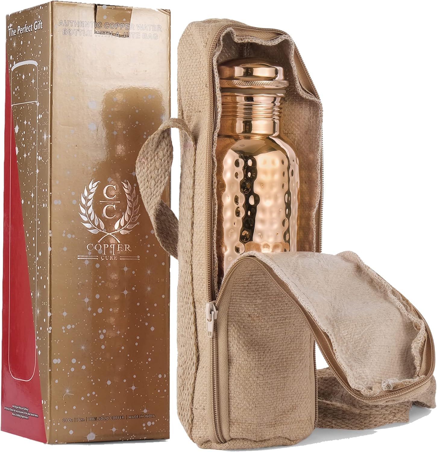 Pure Copper Water Bottle 34 Ounce with Jute Carry Bag – Hammered Leakproof Ayurvedic Copper Vessel for Drinking Water - Reusable Bottle for Home, Office, Gym, Travel & Gifting - Image 2
