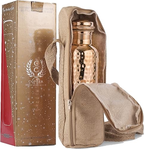 Miniatura 1 de Copper Cure Botella de agua de cobre puro con una exclusiva bolsa de yute, botella martillada hecha a mano de cobre macizo, capacidad de 34 onzas,
