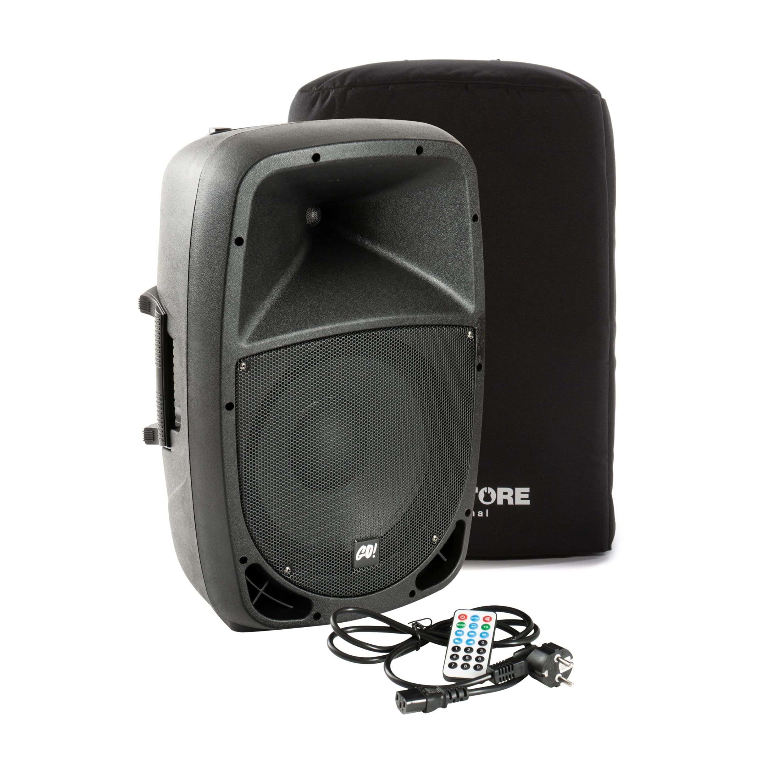 MUSIC STORE Aktiver Lautsprecher Set, 200W RMS, 600W Peak, 12" Tieftöner, 1" Hochtöner, XLR/Klinke Eingang, Cinch Ausgang, EQ