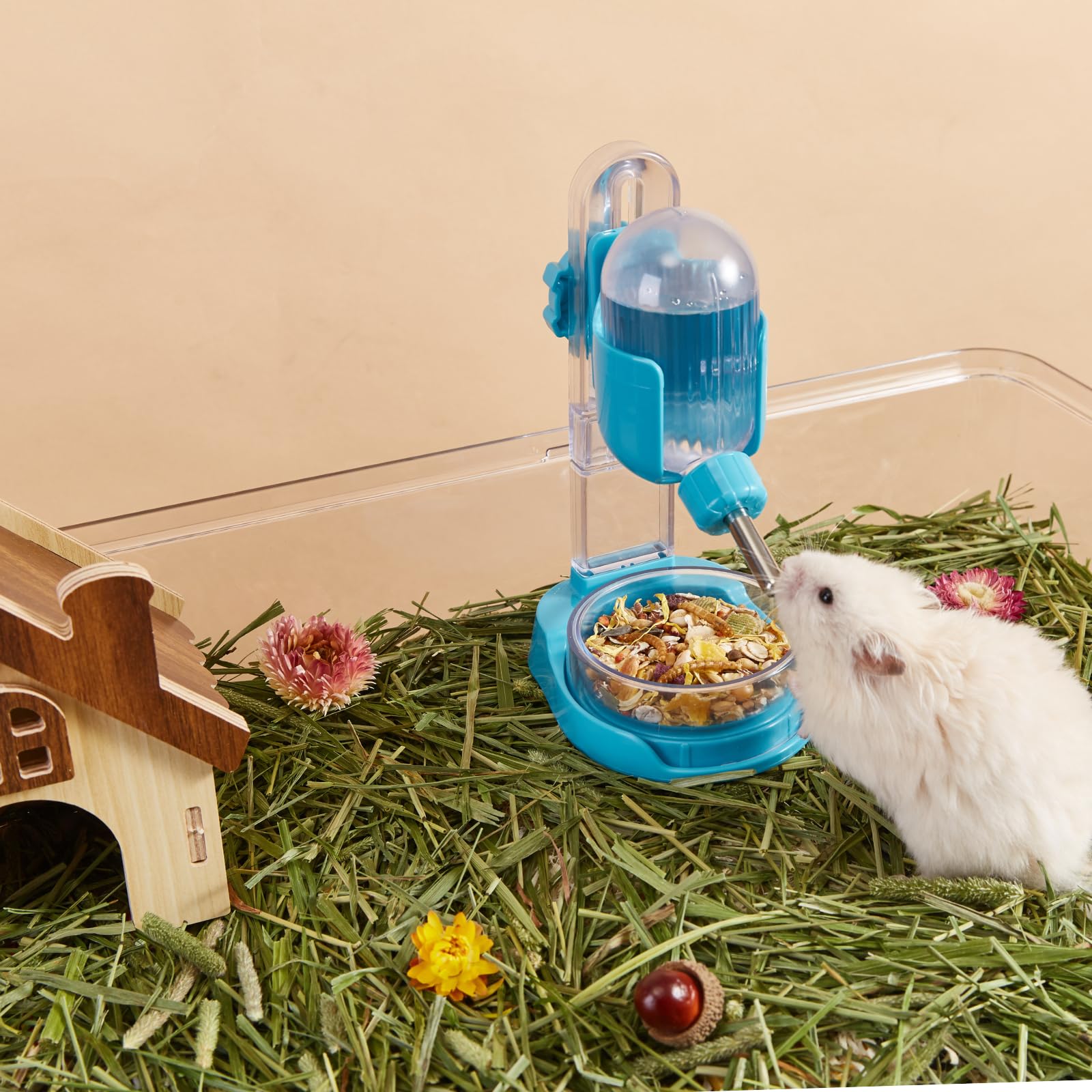 Bouteille d'eau pour Hamster avec Support, Distributeur d'eau de 100 ML avec Bol de Nourriture pour Hamsters Syriens, Hamsters Nains, Souris, Rats, Dégus (Bleu, P1692- Autoportant)