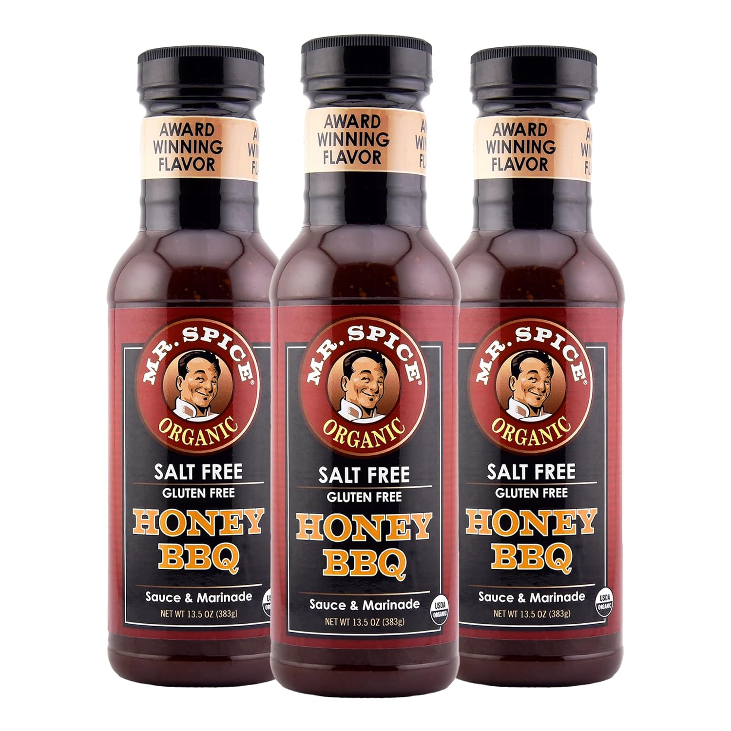 Mr. Spice Organic Honey BBQ Sauce, Low Sodium BBQ Sauce (5mg/serving), Gluten Free, Salt Free Barbecue Sauces for Marinade, Grill & Air Fryer, No Salt Award-Winning Flavor, 13.5 Ounce (Pack of 3)