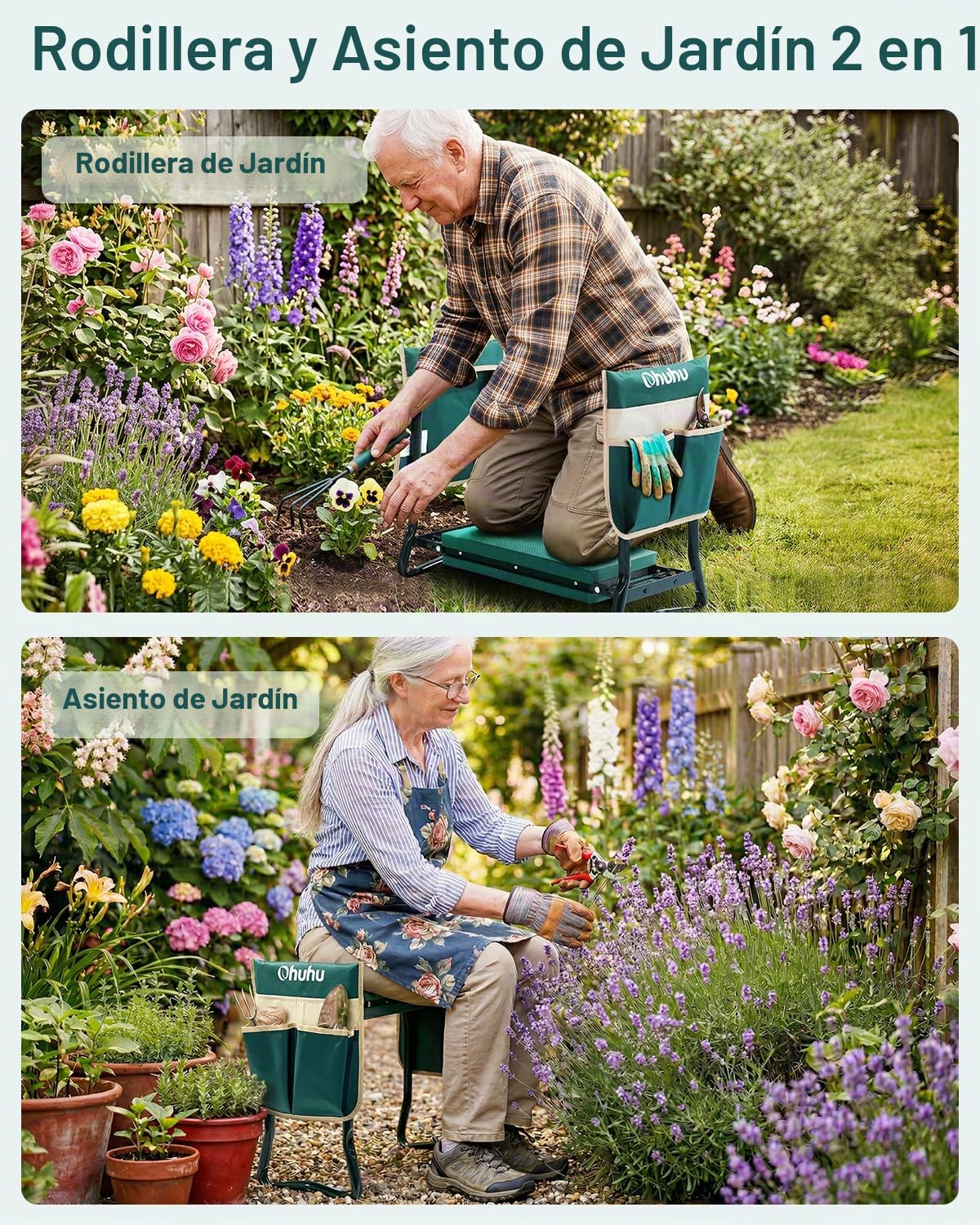 Ohuhu Taburete de jardín, Asiento plegable con almohadilla suave 2 grandes bolsas de herramientas, taburete plegable de jardín mejorado, ideal para padres, ancianos
