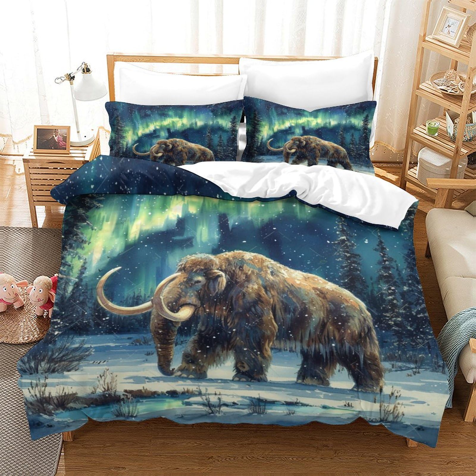3-częściowy zestaw pościeli z nadrukiem mamuta, mamut, z mikrofibry, z zamkiem błyskawicznym, rozmiar king size (220 x 240 cm), dla nastolatków i dorosłych
