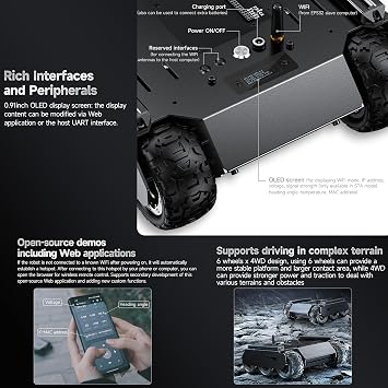 Waveshare Mobile Robot,Flexible and Expandable 6x4 Off-Road UGV, With Extension Rails and ESP32 Slave Computer, 6 wheels 4WD Mobile Robot Chassis,Rich Open-Source demos