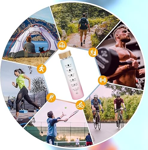 Miniatura 8 de ZDZDZ Botella de agua de vidrio a prueba de fugas con marcador de tiempo, botella de vidrio de boca ancha con tapa de bambú, botella de agua