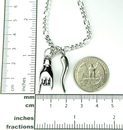 Miniatura 4 de Collar combinado Mano Cornuto y Cornicello, con cadena Figaro de 20 pulgadas, Portafortuna Italiana Lucky Hand Horn Anti Evil Good Luck Double