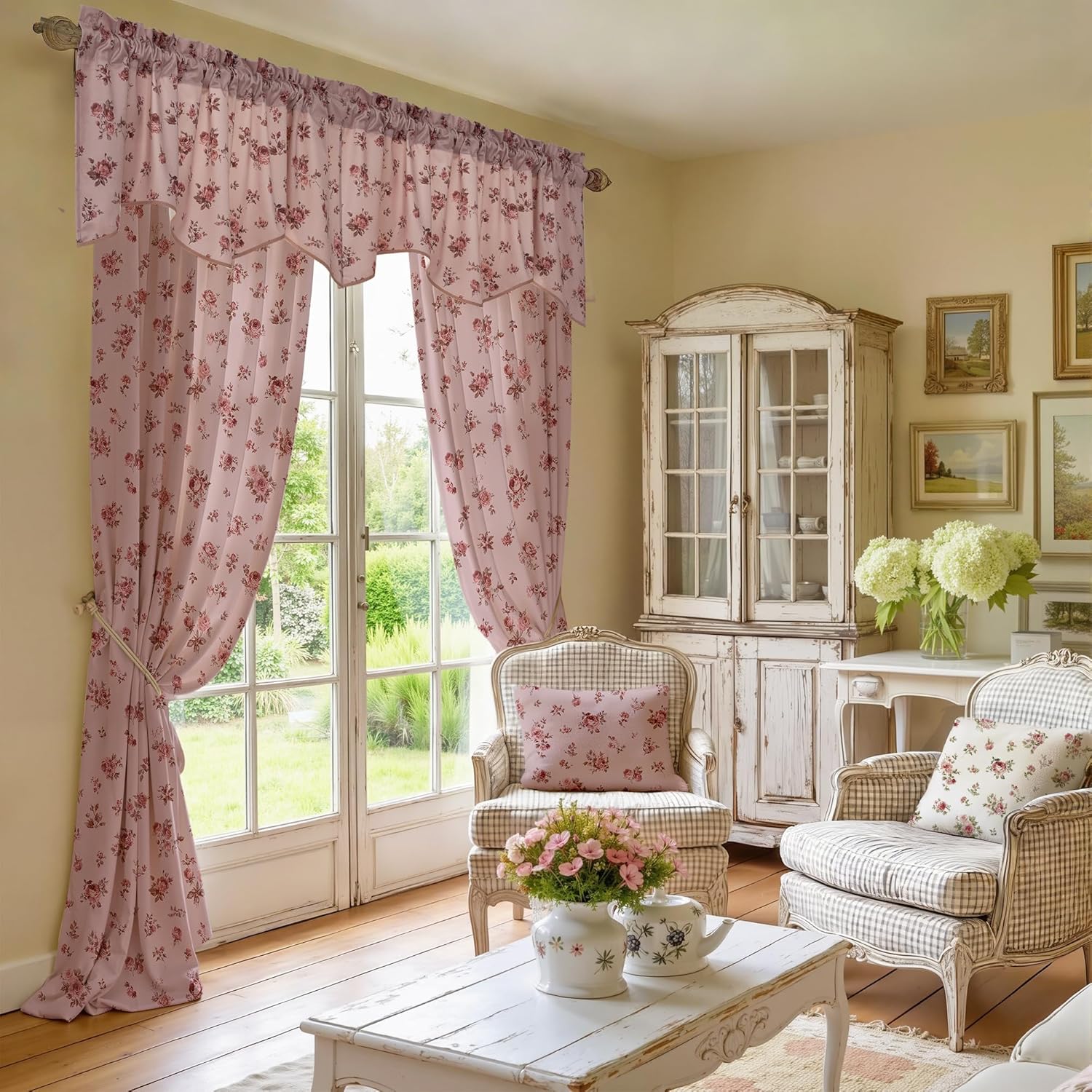 StangH Retro Floral Printed Velvet Valance for Kitchen, Dusty Rose Romantic Home Decor Rod Pocket Scalloped Tier Curtain for Bedroom Living Room, W52 x L18, 1 Panel