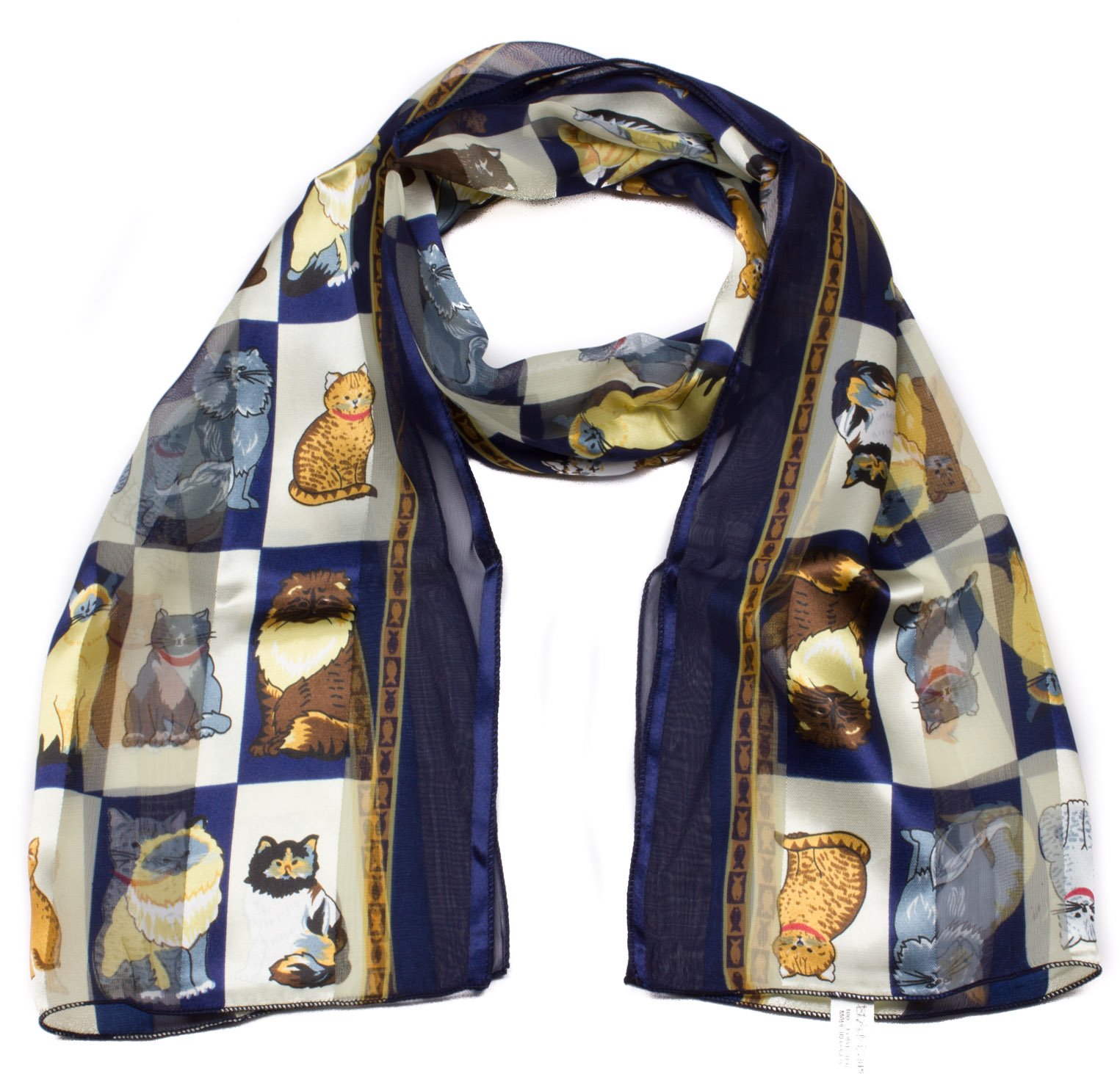 Mytoptrendz Women's Navy- Check Mytoptrendz® Novelty Scarf Cats Kitten Print Neck Scarves Soft Silky Lightweight (Navy/Cream Check)
