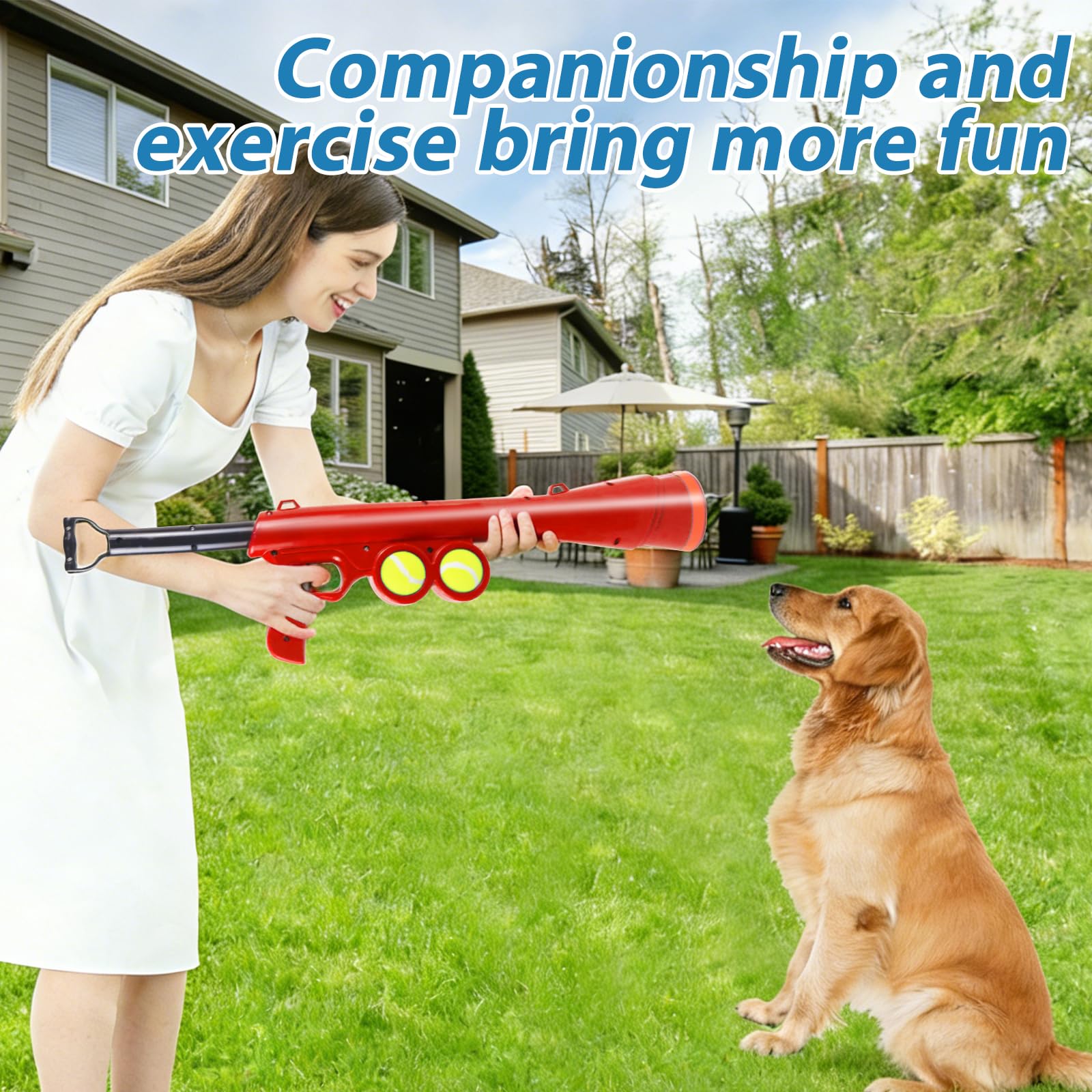 Lanceur de balles pour chien pour animal de compagnie, lanceur de balles pour chien avec 2 balles de tennis et bandoulière, 59,4 cm, longue portée de 59,4 cm, jouet pour toutes les races