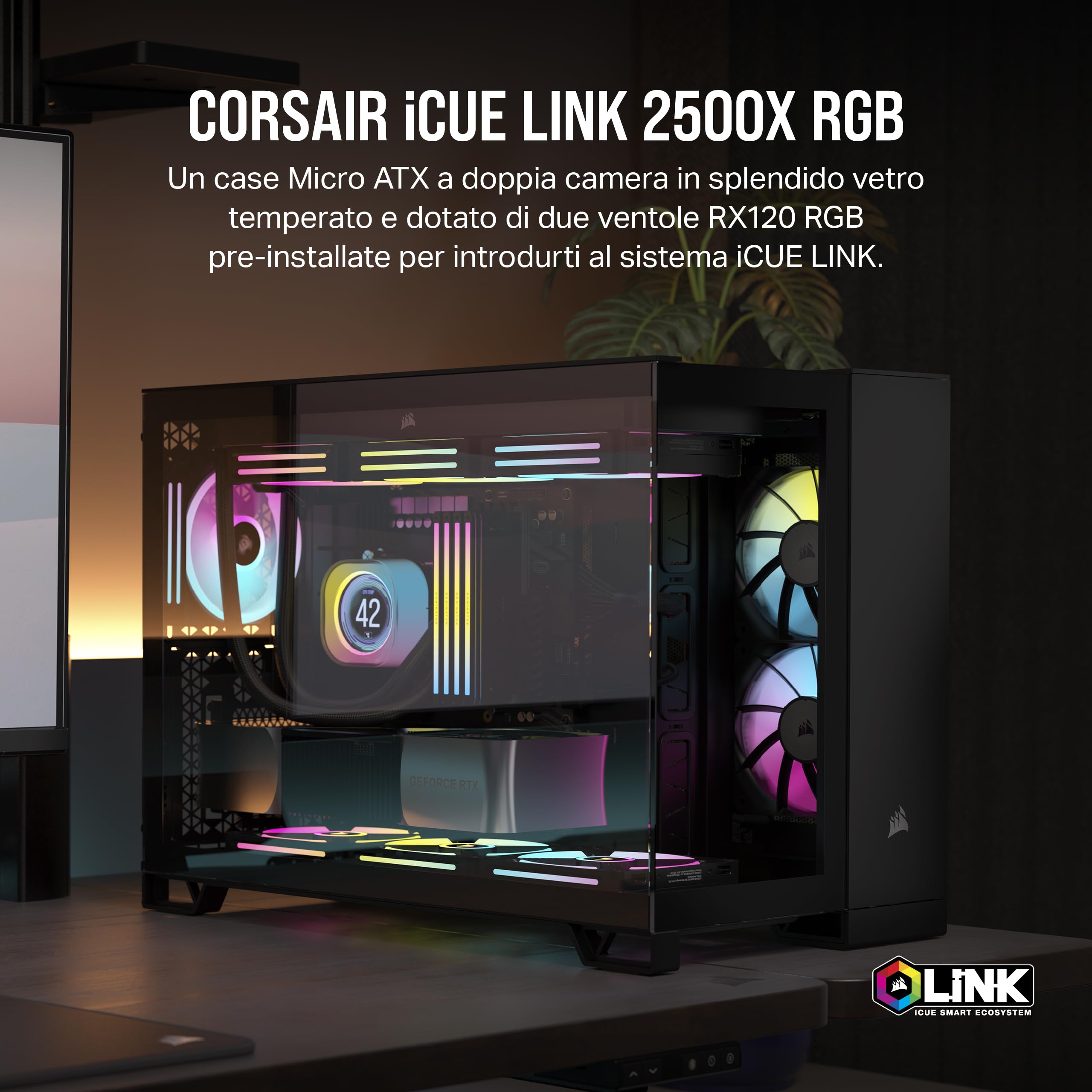 CORSAIR iCUE LINK 2500X RGB Small-Tower mATX Case per PC a Doppia Camera - Vetro Panoramico Temperato - Compatibile con Scheda Madre a Connessione Inversa - 2 Ventole CORSAIR RX120 RGB Incluse - Nero