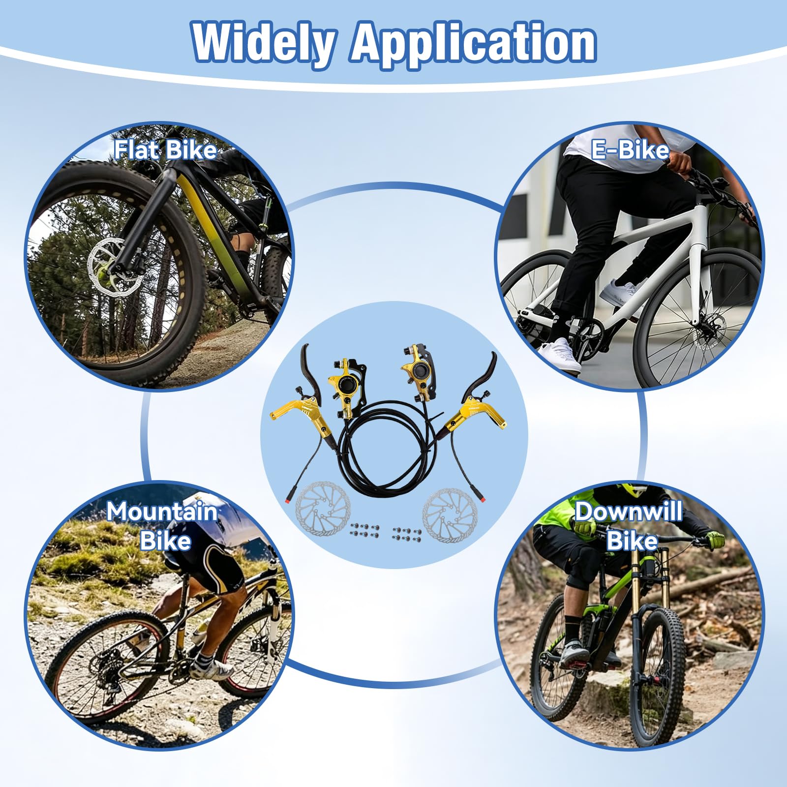 Zestawy hamulców tarczowych do rowerów Buachois, hydrauliczny zestaw hamulców do E-Bike z wirnikami 160 mm, dźwignie ciśnienia oleju 89 cm z lewej i 147 cm z prawej do elektrycznego skutera (złoto)