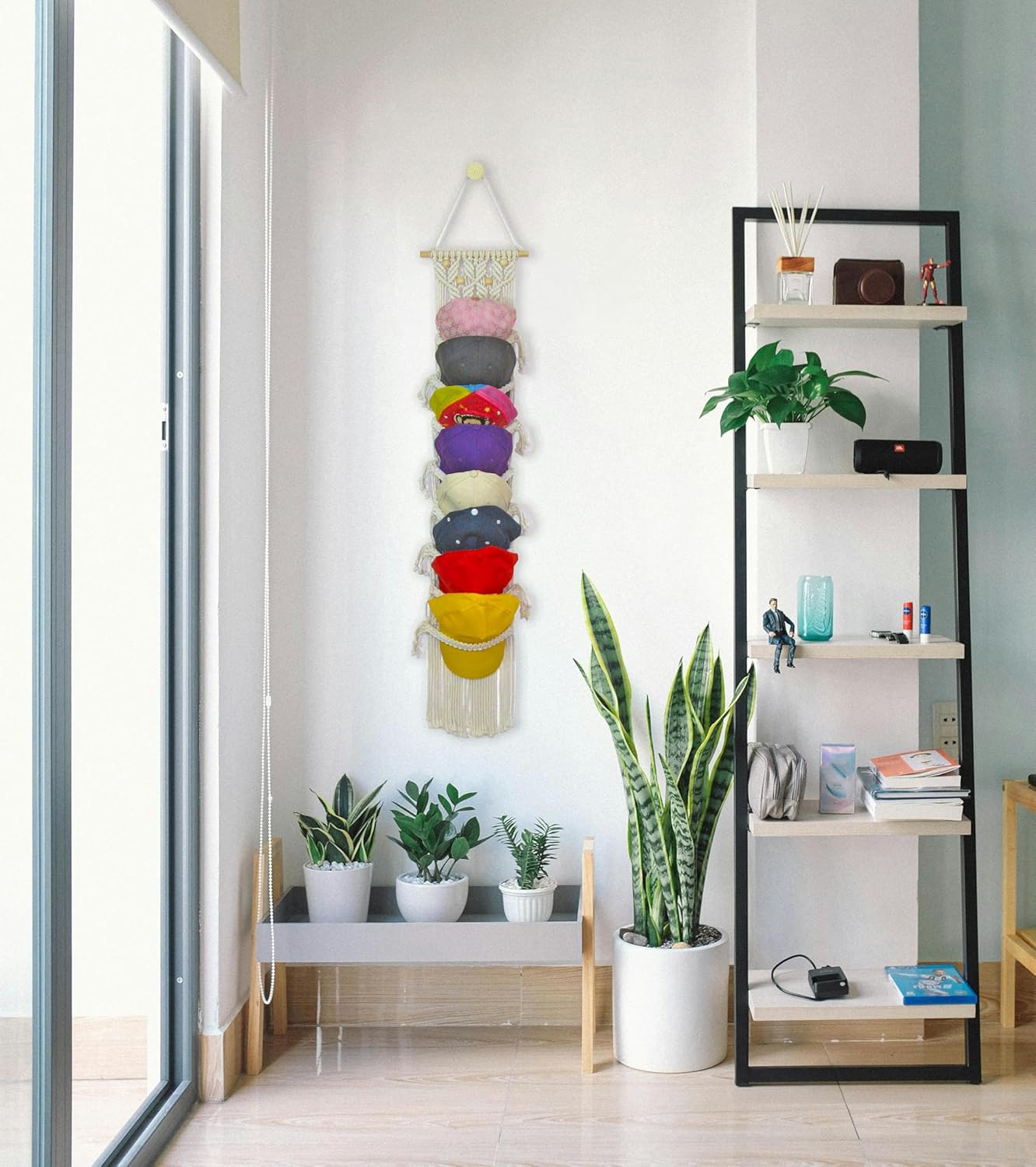 8-Tier Macrame Baseball Cap Organizer With Boho Hooks—Handwoven Boho Cap Holder,Macrame Hat Hangers-Space Saving Wall Storage for Living Room, Bedroom, Entryway