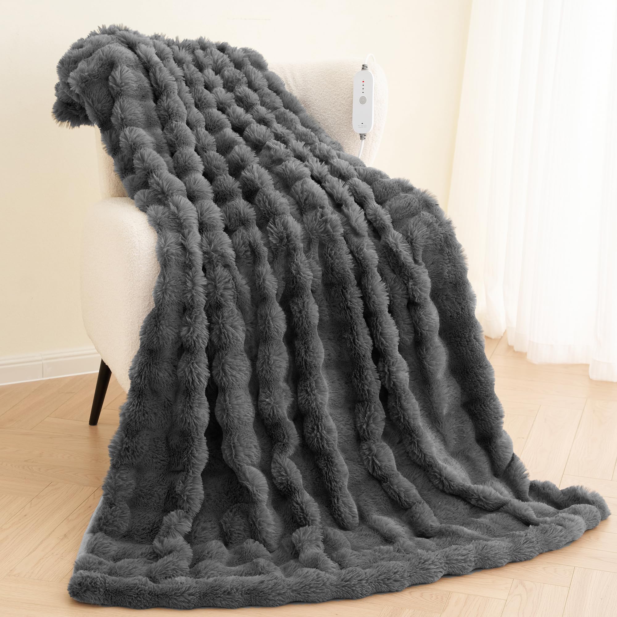 CURECURE Wärmedecke Elektrisch Heizdecke 130x180cm, Puffy Bubble Design aus Kaninchen-Fleece & Flanell Heizdecke, 4 Heizstufen, 10h Auto-Off, maschinenwaschbar für Bett, Sofa, Büro (Grau)