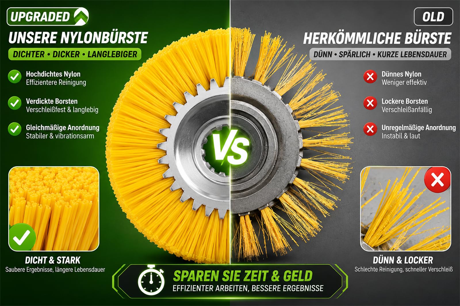2 Stücke Kegelbürste, Unkrautbürste 25,4 mm Öffnung, Nylon-Borsten, Nylonbürste, schonende Wildkrautbürste für Rasentrimmer,Freischneider gegen Unkraut, Moos, Verunreinigungen（6 Zoll+8 Zoll）