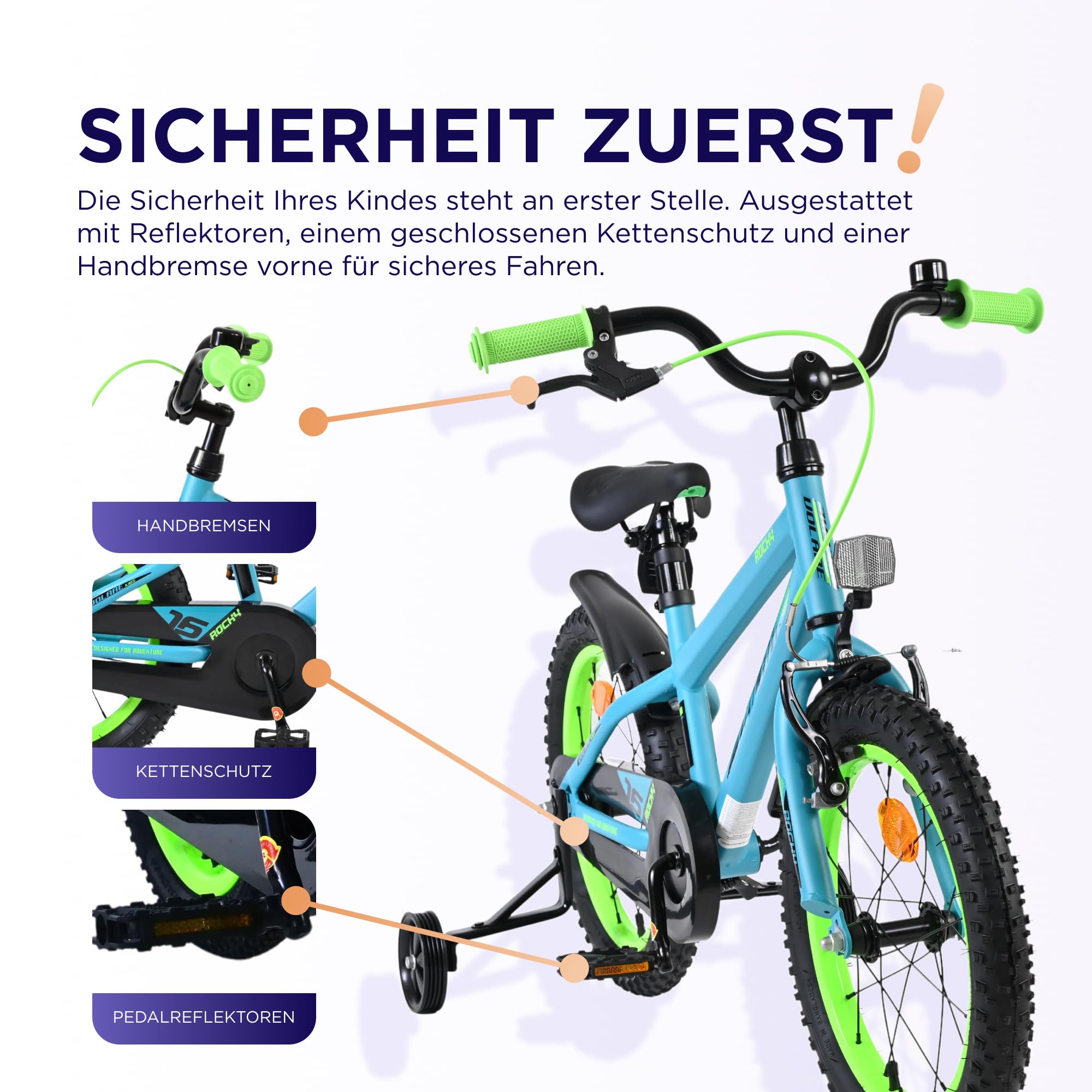 Volare Rocky Kinderfahrrad grün 16 Zoll | 4–6 Jahre | Hand- & Rücktrittbremse | Stützräder | Kettenschutz | Verstellbarer Sattel | Geschenk für Mädchen & Jungen