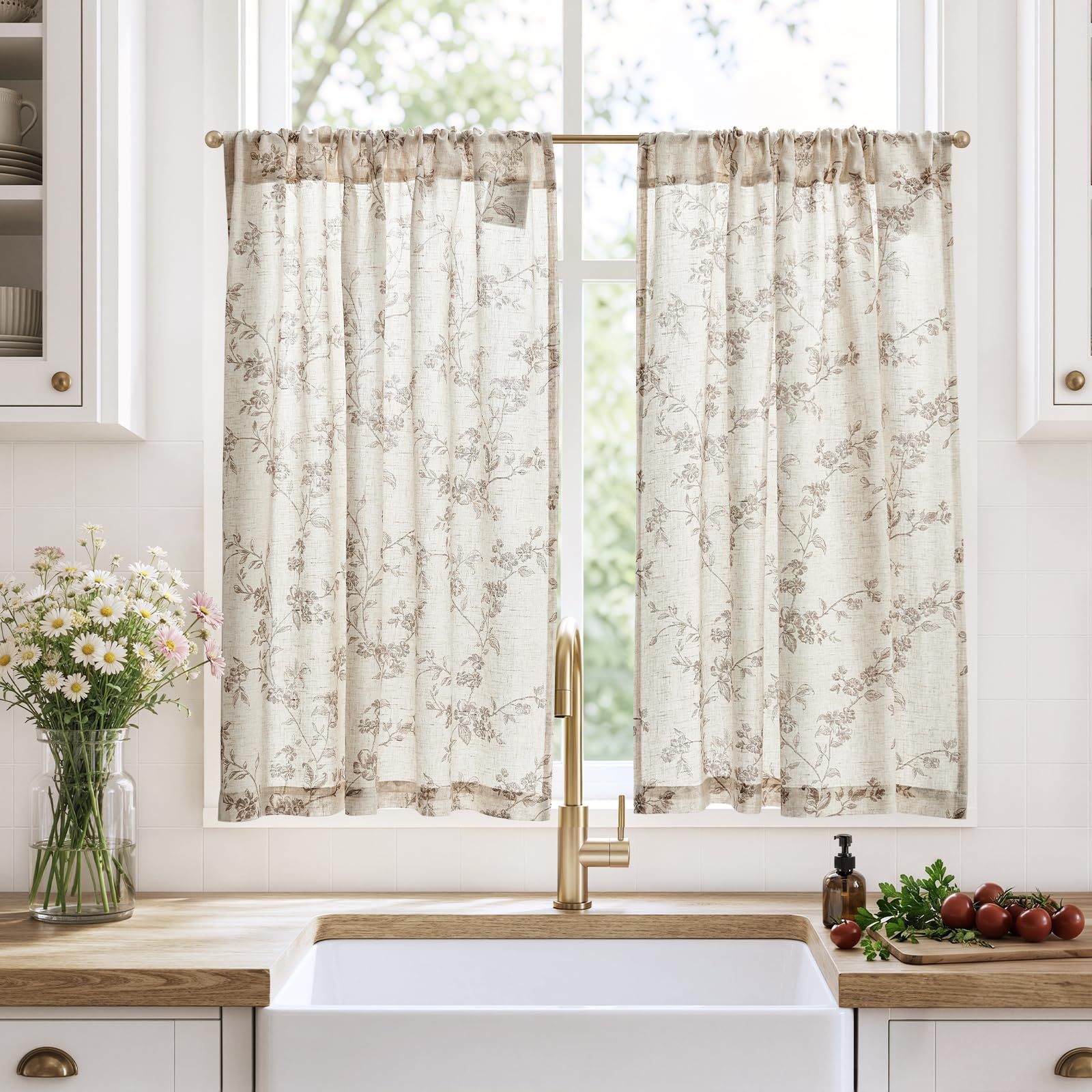 TOPICK Kitchen Curtains 36 Inch Drop with Taupe Floral Pattern, Linen Look Small Cafe Curtains, Rod Pocket Light Filtering Curtain Tiers for Cupboard Base, Sink, Basement, Bistro, W36 x L36 Inch