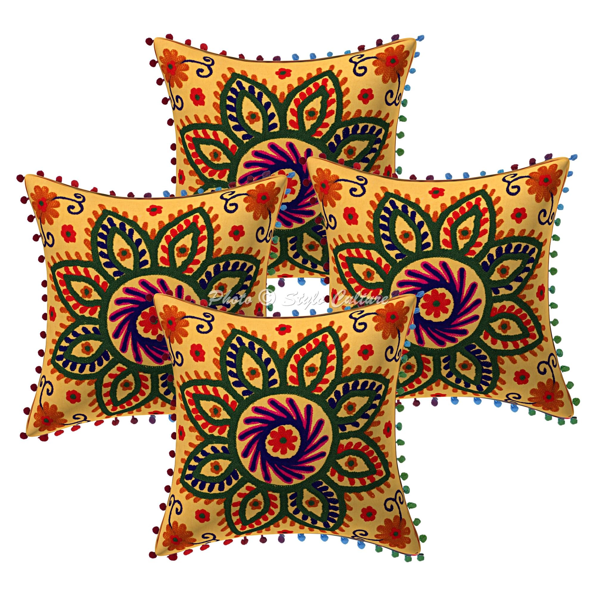 Indische Dekorativ Baumwolle Couch Kissenbezüge 40x40 cm Mangogelb Dekokissen Suzani Bestickte Pom-Pom-Spitze Schlafzimmer Sofa Kissen Bezüge Blumen Quadrat Kissenhullen - 4 STK.