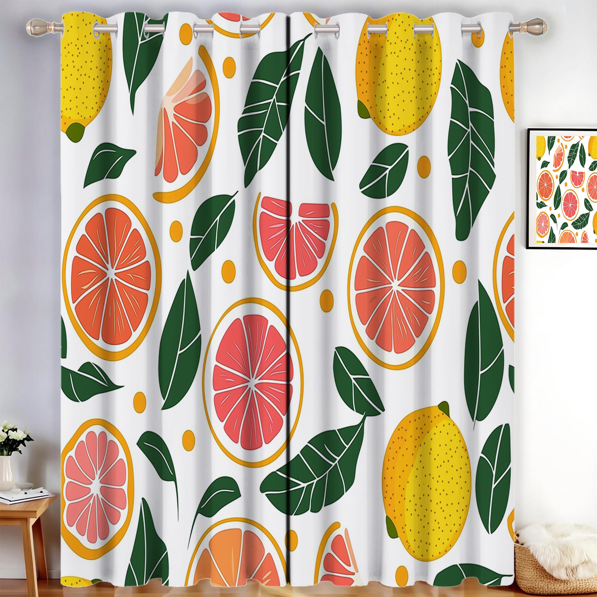 Lot de 2 Rideaux Occultant Agrumes Isotants Thermique Anti Froids Rideau à Oeillets Oranges Citrons, Poudre De Blush, 140L × 160H cm