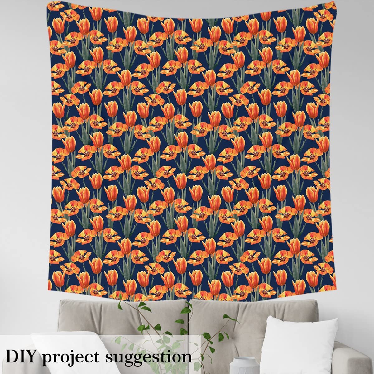 Floral Outdoor Fabric by The Yard,Tulips Flowers Upholstery Fabric for Chairs,Chic Watercolor Garden Fabric for DIY Projects,1 Yard,(L92*W150cm) Orange Blue - Image 3