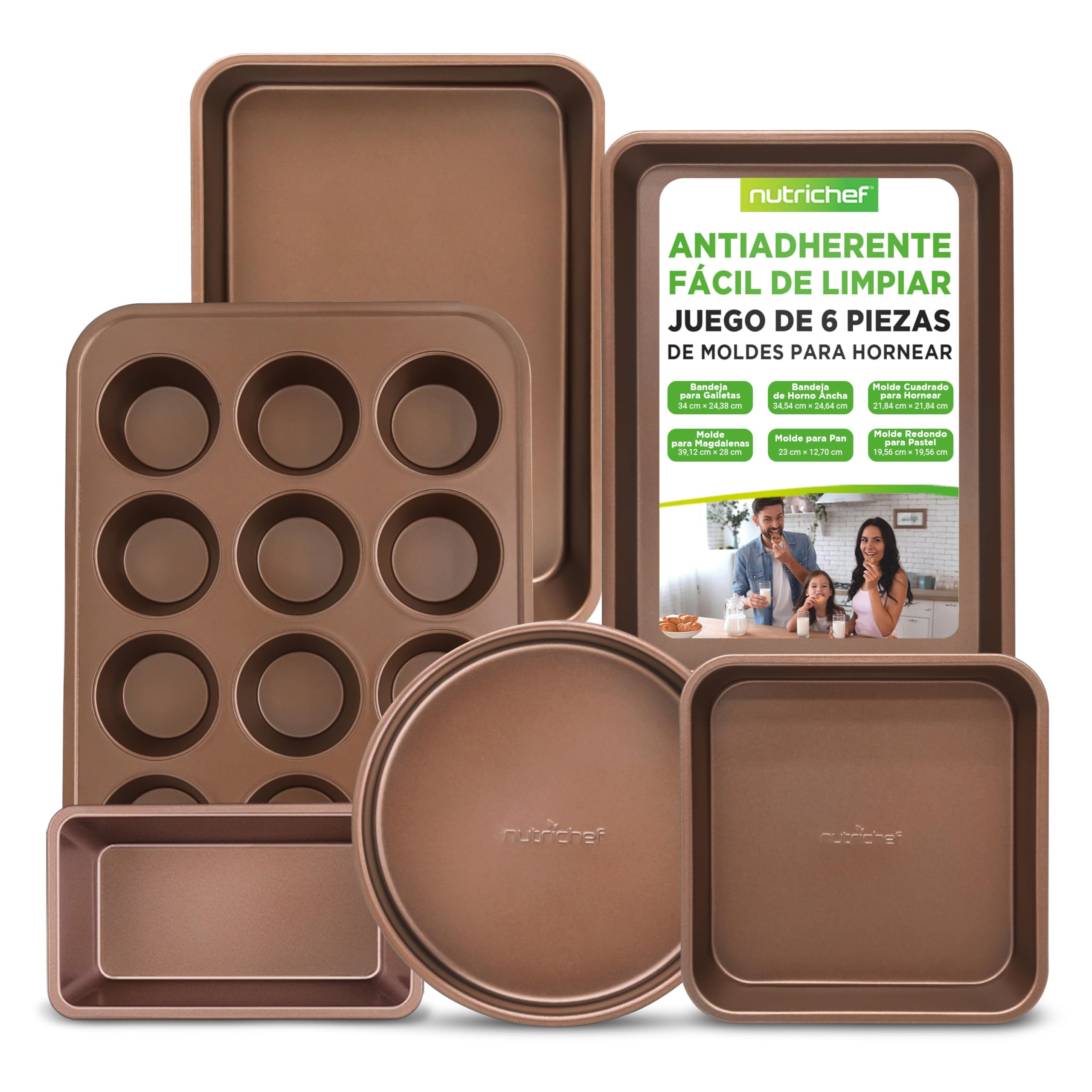 Nutrichef Bandejas Horno, Set de 6, Incluye: Bandejas para Galletas, para Asar, Molde para Magdalenas, Pan y Pasteles, Mangos de Silicona, Apilables, Acero al Carbono Resistente, Antiadherentes