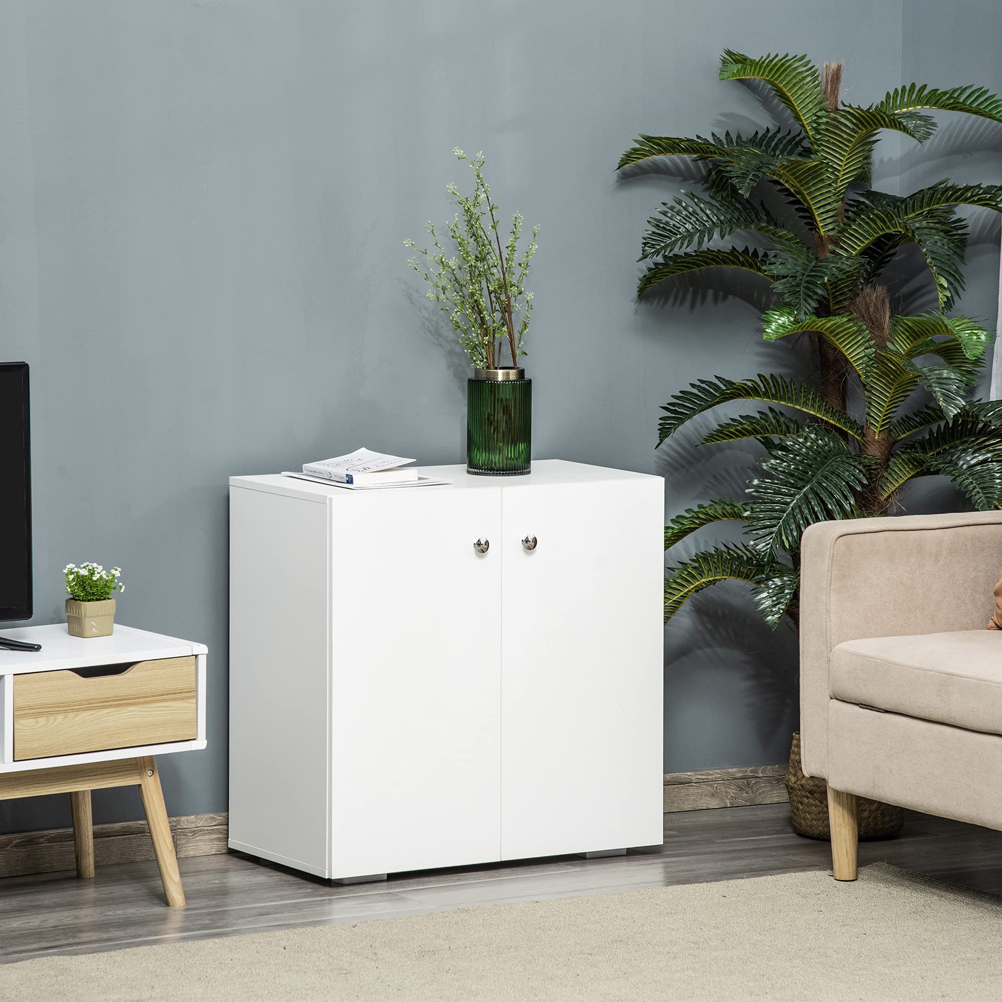 HOMCOM Aparador de Salón con 2 Puertas Armario Pequeño 70x39x70 cm Blanco | 2 Estantes, Libros Ropa Juguetes, Estilo Moderno, Armario Auxiliar
