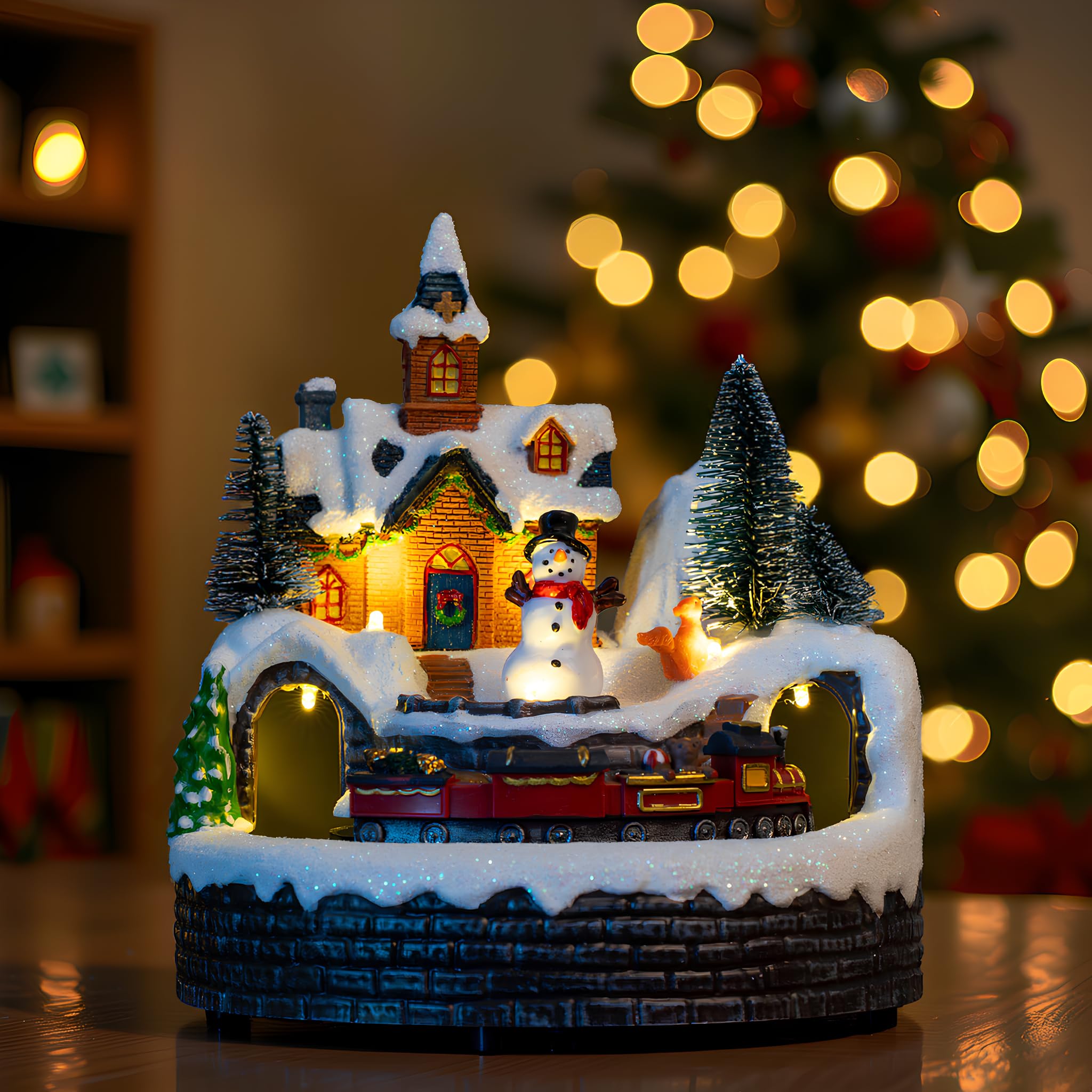 Candieslife Decoraciones musicales animadas de muñeco de nieve de Navidad, tren giratorio con luces cálidas para regalo de decoración de Navidad, adornos decorativos de Navidad de mesa