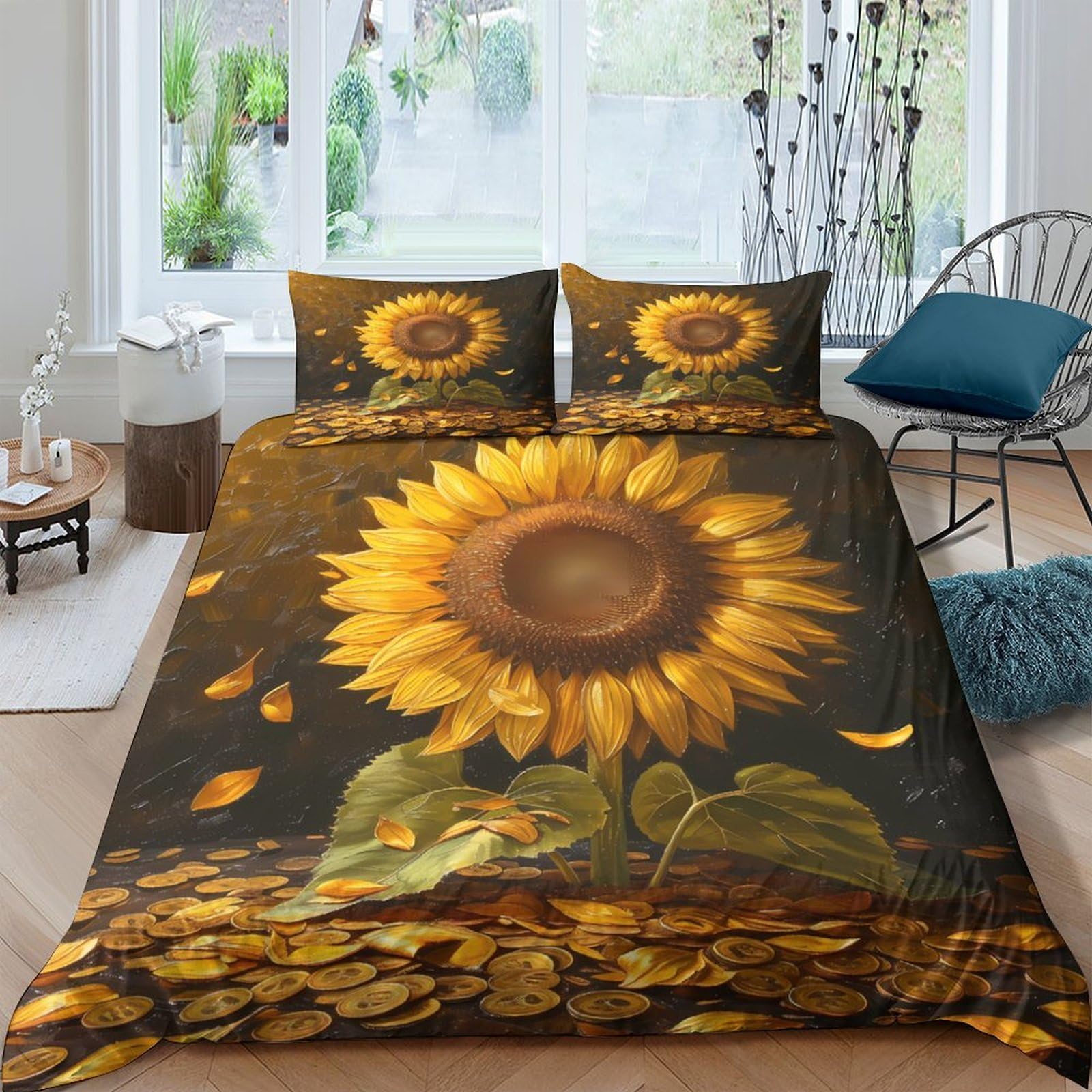 XFKLYNVCJ 3D Printed Sunflower bloom Quilt Cover Breathable Fabric Artistic oil painting Bedding Cover Stain Resistant Fade Resistant for College Dorm Student Bedroom Bedding Use King（220x240cm）