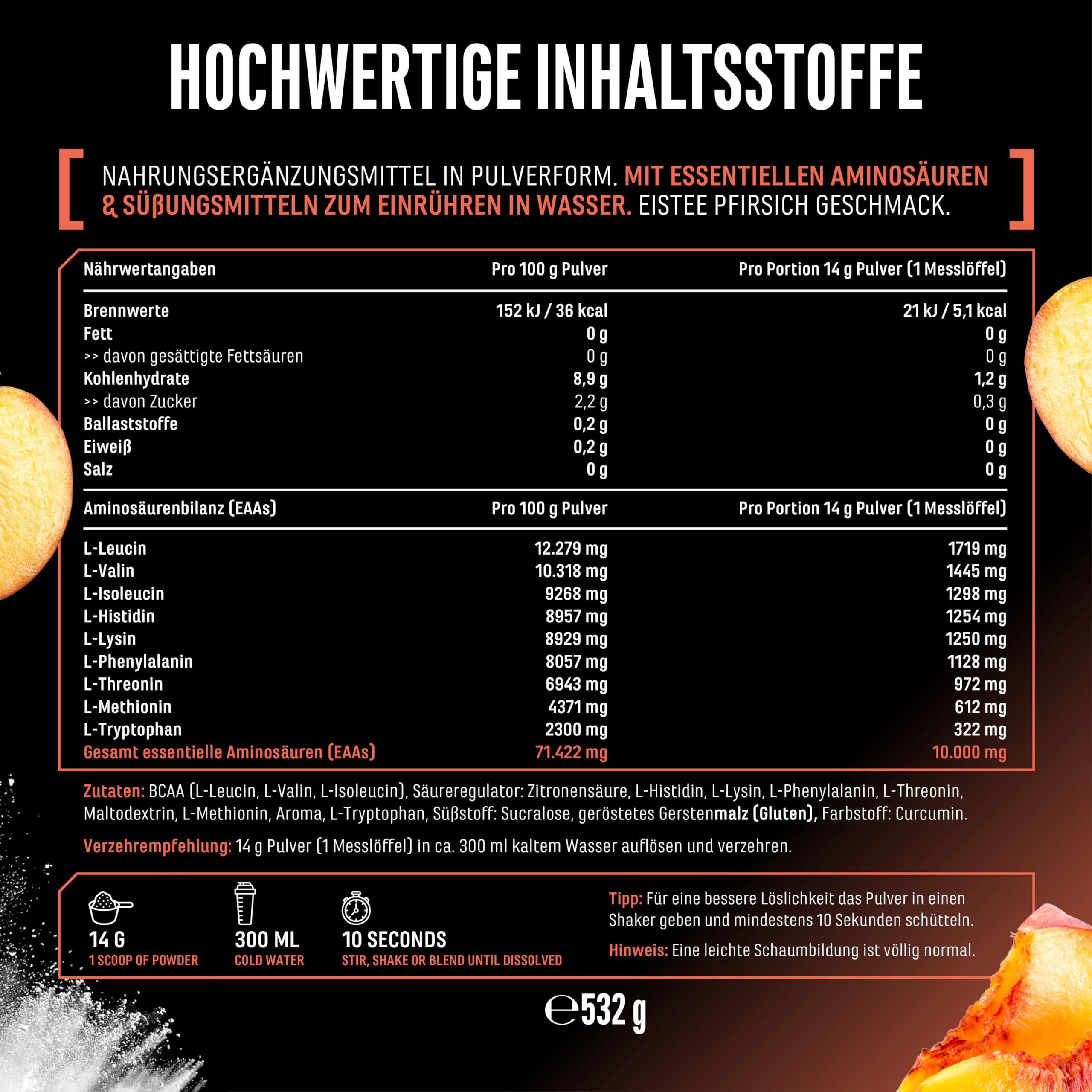 GEN GERMAN ELITE NUTRITION EAA Pulver - 532 g - 9 essentielle Aminosäuren | Ice Tea Peach, Human Code Formel, inkl. Histidin & BCAA, 10 g EAA pro Portion