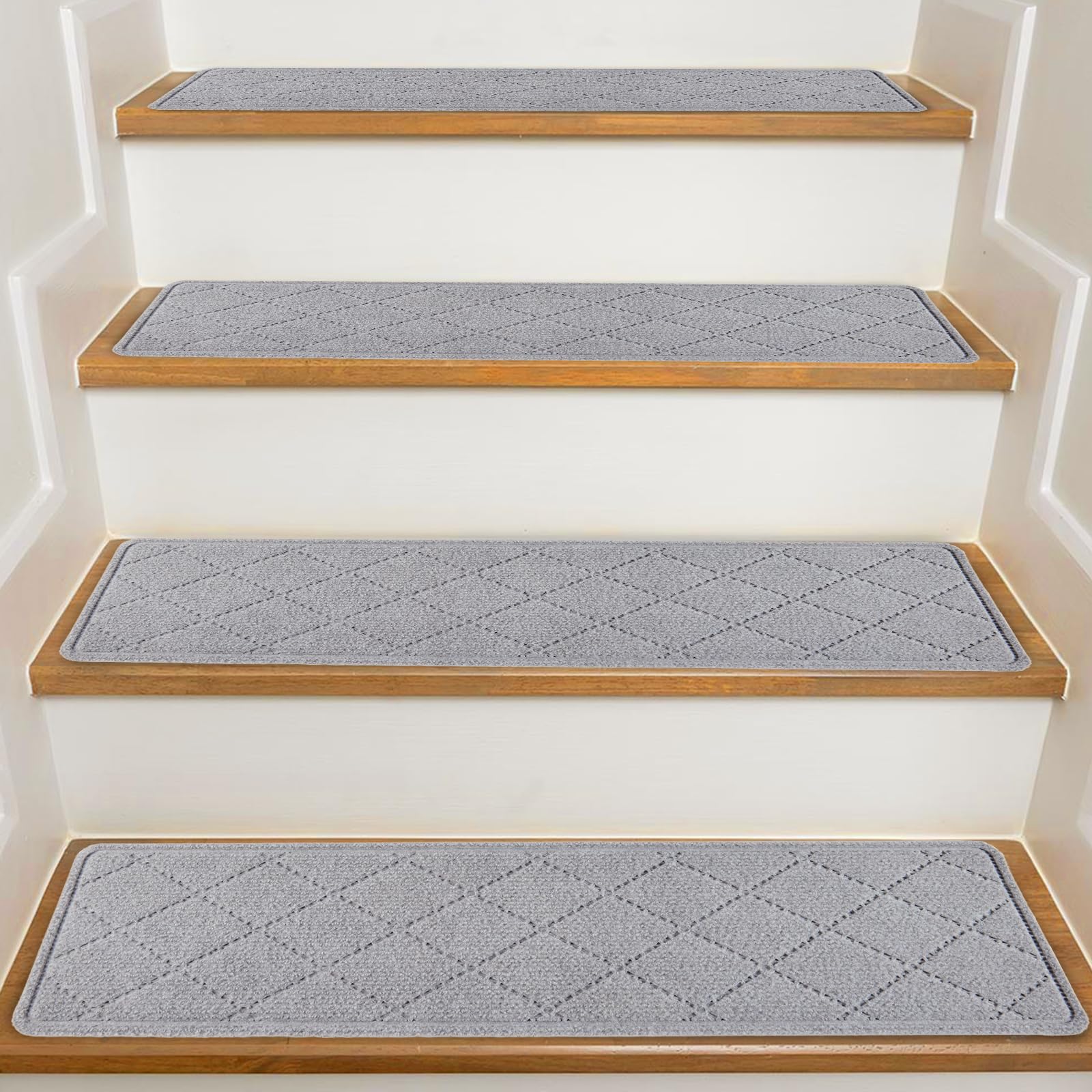 Stair Treads for Wooden Steps Indoor, 15 Pack 8" X 30" Non Slip Carpet Stair Treads with Reusable Adhesive for Kids Elders and Dogs, Surface Polyester TPR Backing Stair Rugs, Grey