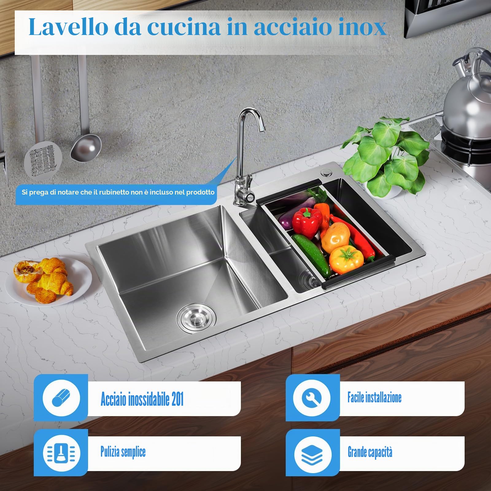 Lavello da cucina in acciaio inox, 78x43x21cm Lavello cucina 2 vasche, Drop In Lavandino con cestello di drenaggio