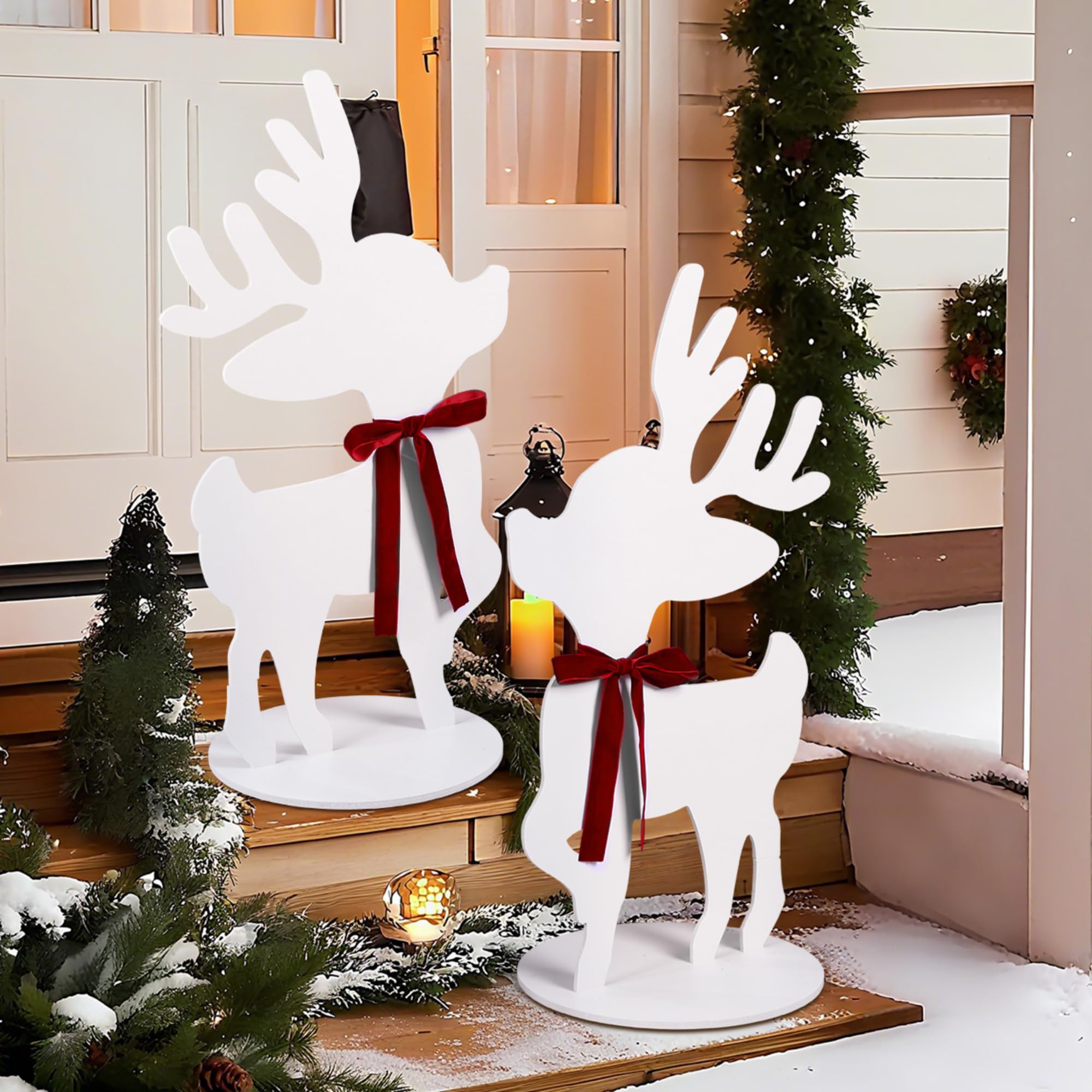 Photo 1 of [PIECES ARE DAMAGED] AceOrbit 2 Pcs Large Christmas Reindeer Outdoor Decorations 27.6" 2D White Christmas Holiday Deer Yard Statues Decor with Velvet Ribbon for Home, Living Room, Bedroom, Office, Lawn, Garden, Display