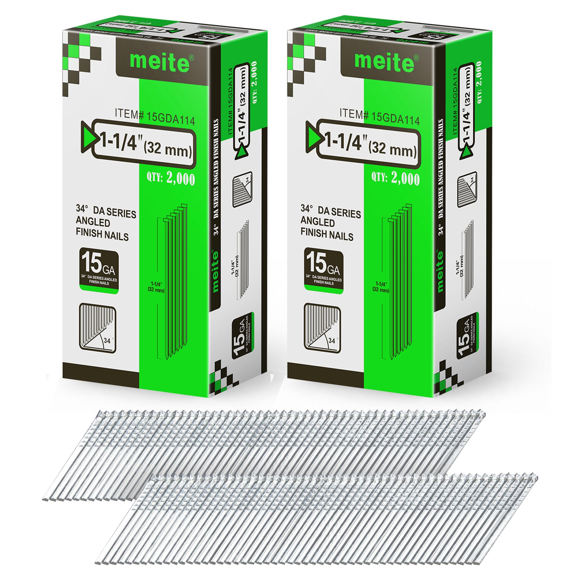 meite 15 Gauge Angled Finish Nails 1-1/4 Inch 34 Degree Galvanized 4,000PCS